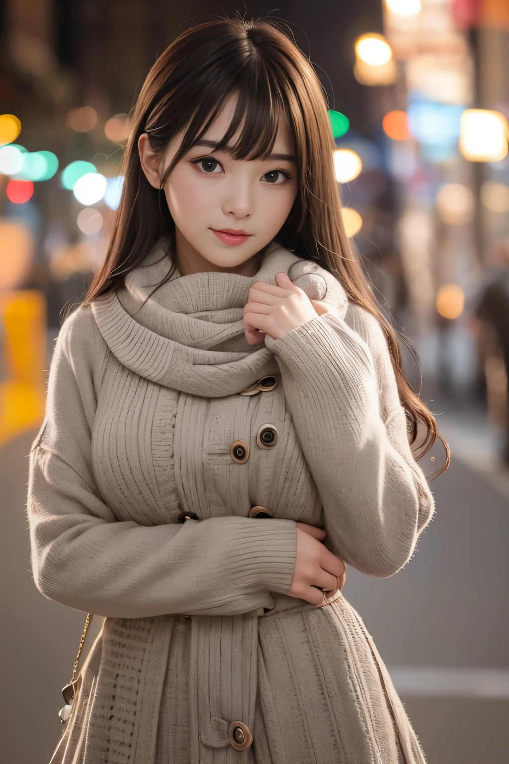 NFSW、highest quality、disorder、Super detailed、fine、High resolution、8K wallpaper、perfect dynamic composition、beautiful and delicate eyes、gorgeous knit korean winter clothes、skirt、(skirtを引き上げる)、(show lace pants)hair、bangs、big breasts、scarf、natural color lip、bold sexy pose、smile、Cafe、Japanese、15 year old girl、cute、sexy shot looking at camera、Always blur the background、perfect and beautiful face、Take only the face、Beautiful and dense face、slim face and style