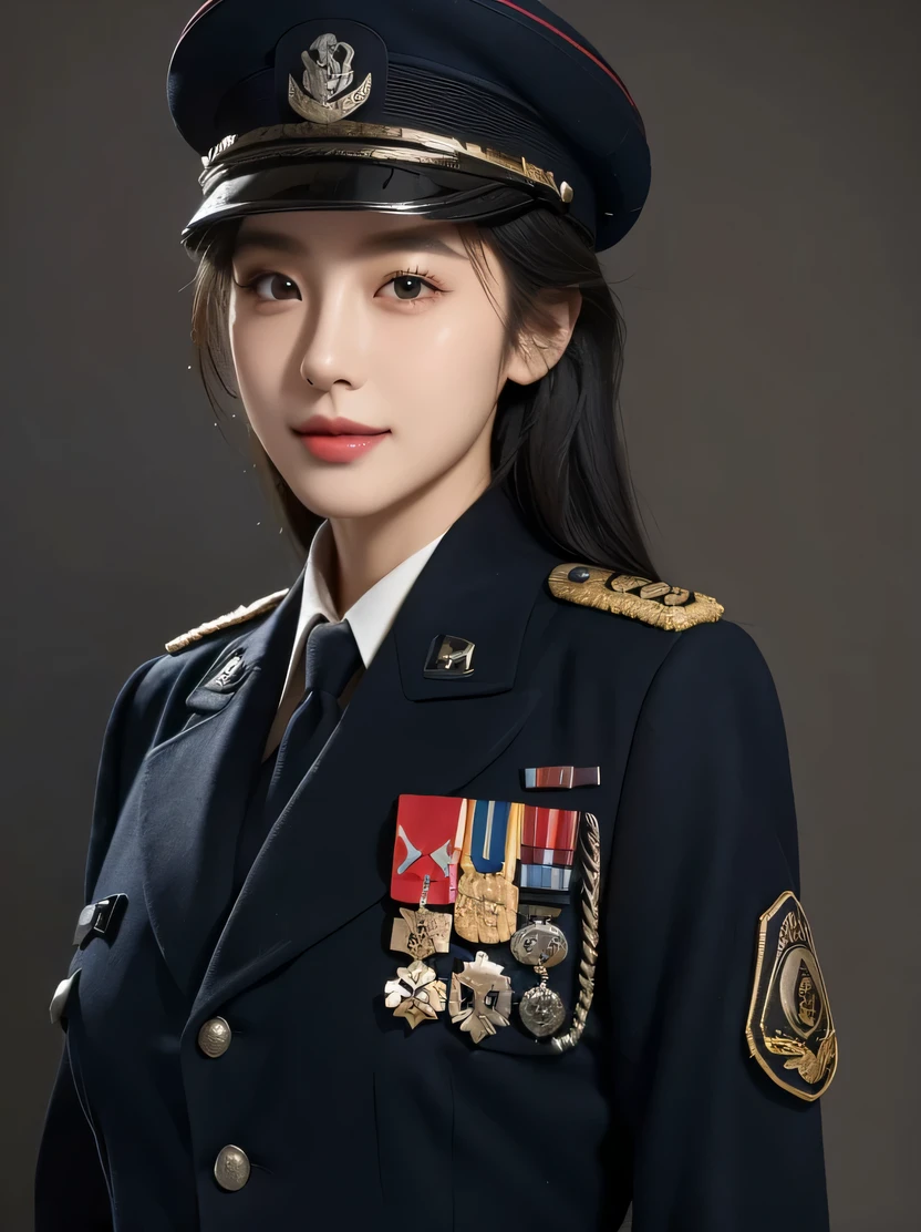 ((masterpiece、highest quality、Super detailed、High resolution、realistic、sharp focus、cinematic lighting))、bust shot、high contrast、Portrait of a beautiful female officer、heavy makeup、 (fine and beautiful eyes、thick and beautiful lips、highly detailed eyes and face)、bright colors、(big smile)、(Naval Officer Uniform、class seal、tie)、(black hair)、((view audience、Detailed depiction of hands))、Tianfeng 1、dramatic lighting、German/(uniform/)