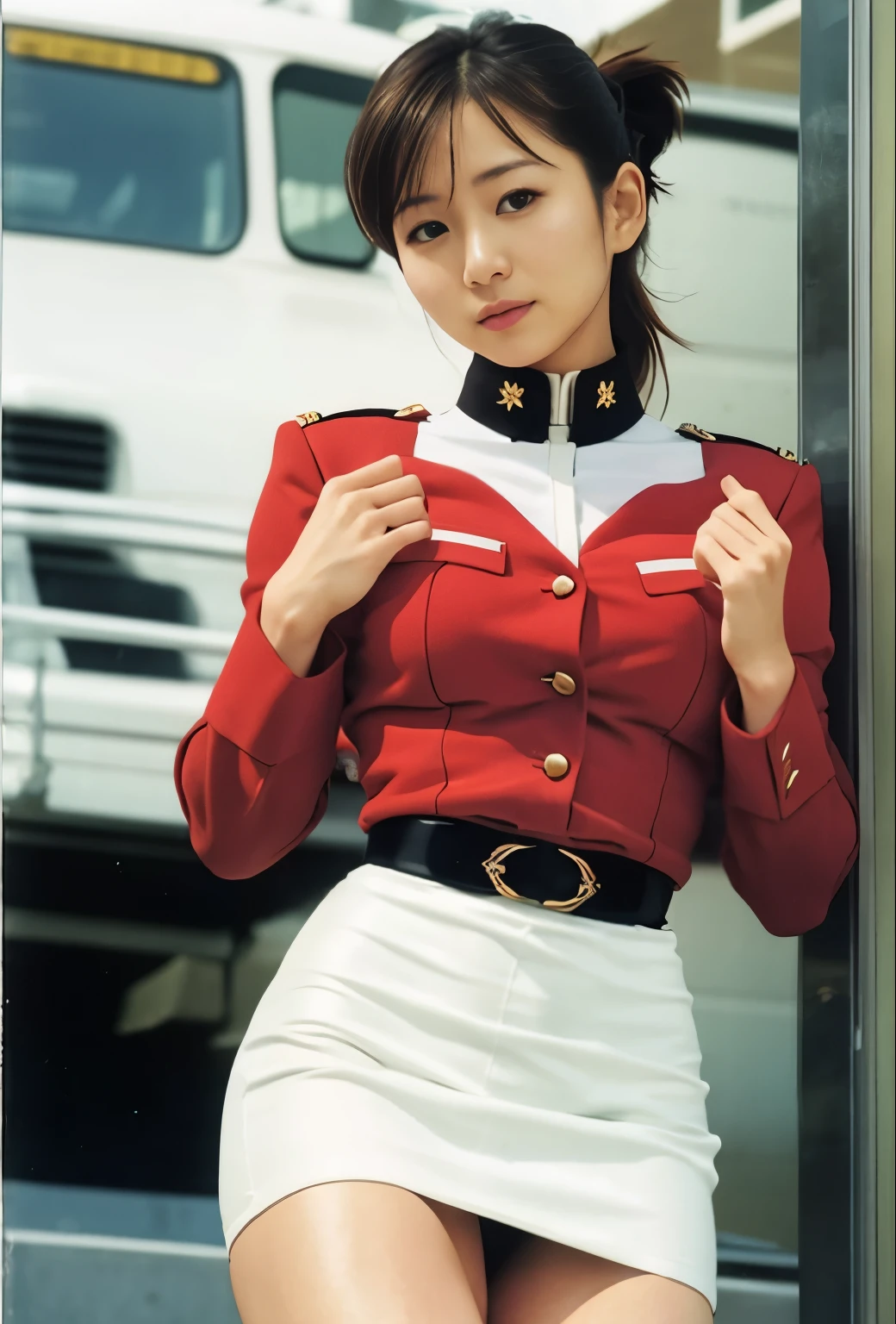 real photos、Highest image quality、beautiful woman、beautiful thighs、beautiful face、real image、federal army uniform miniskirt、ponytail、Yuriko Yoshitaka、16age日本人女性、Frau Bow、cute girl、white pantiesが丸見え、1６age、（white panties:1.3）、super mini skirt、beautiful thighs、white panties、赤いミニスカートがめくれてwhite pantiesが見えてる