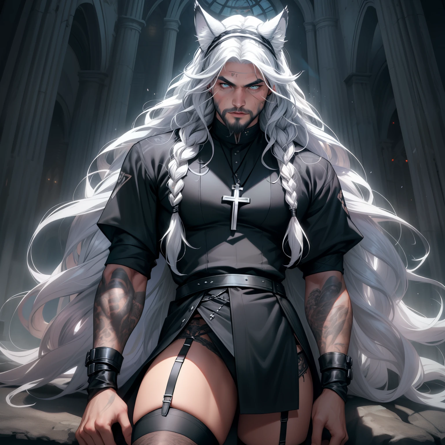 jason mamoa with long white hair and long braided locks, has wolf ears, has a wolf tail, has glowing blue eyes, wearing cute wearing frilly maid outfit, short light beard, wearing cute female makeup, wearing lipstick, wearing eyeshadow, covered in tattoos, wearing garter belt, wearing sheer stockings, solo, alone, (SOLO)(ALONE)