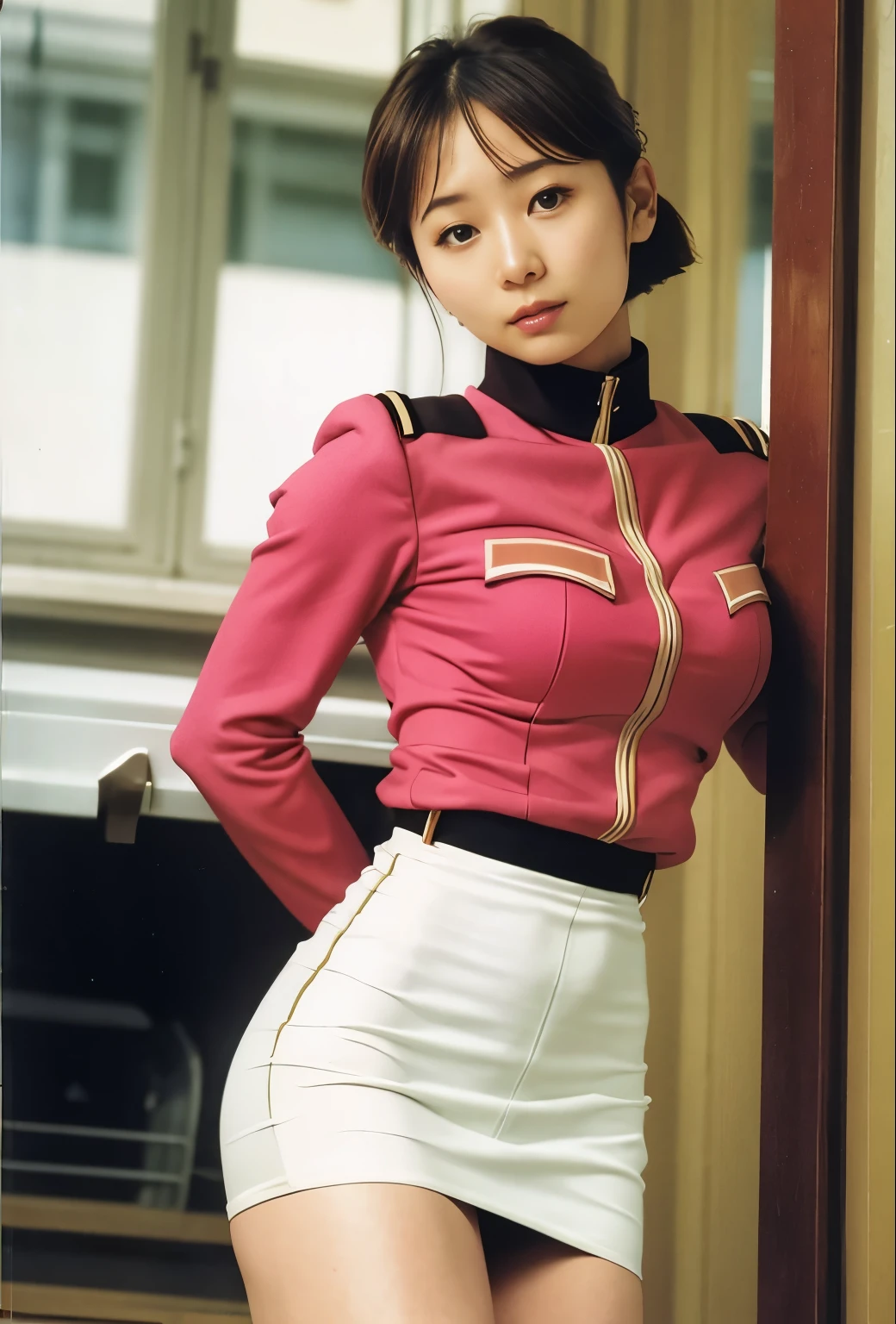 real photos、Highest image quality、beautiful woman、beautiful thighs、beautiful face、real image、federal army uniform miniskirt、ponytail、Yuriko Yoshitaka、16age日本人女性、Frau Bow、cute girl、white pantiesが丸見え、1６age、（white panties:1.3）、super mini skirt、beautiful thighs、white panties、赤いミニスカートがめくれてwhite pantiesが見えてる