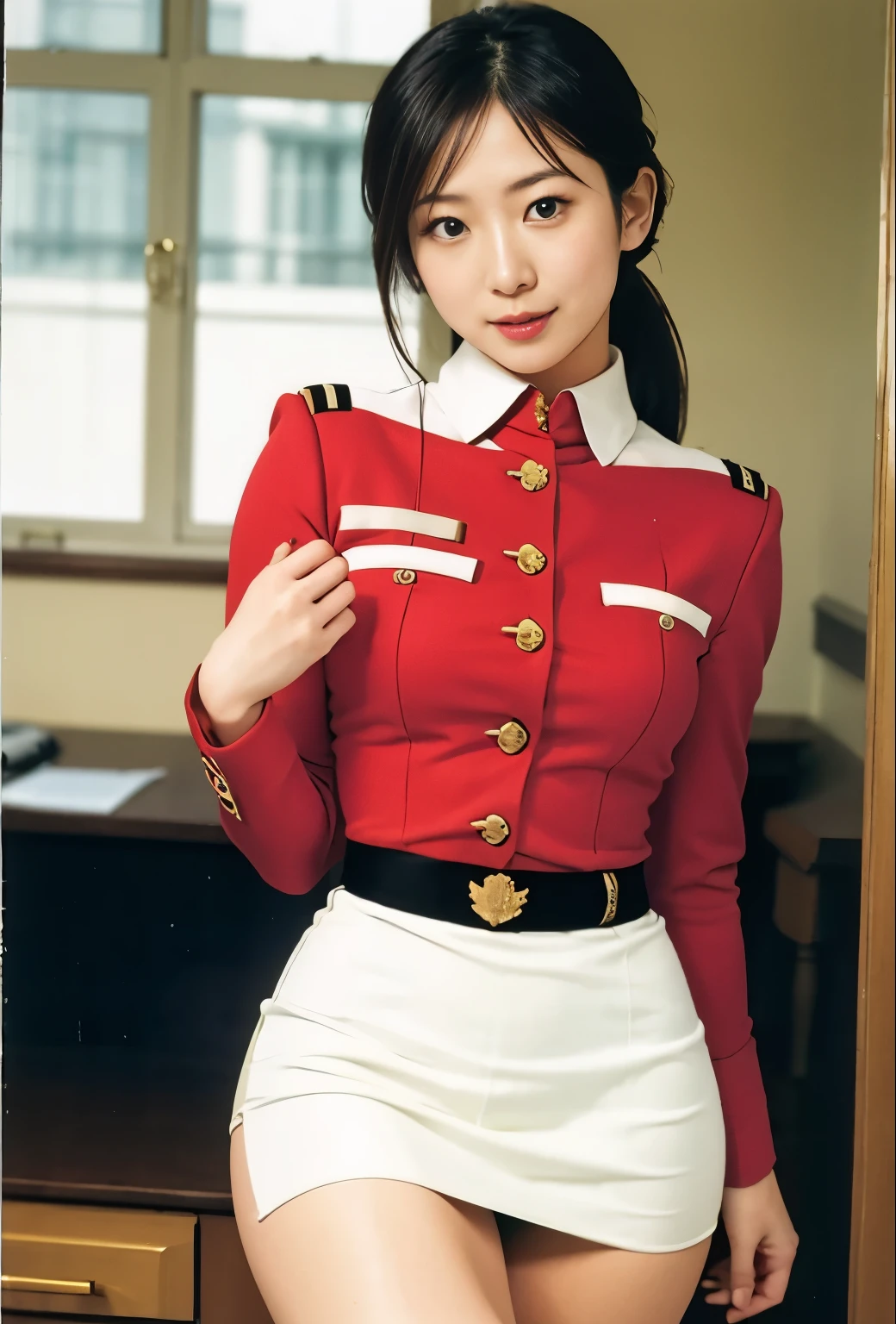real photos、Highest image quality、beautiful woman、beautiful thighs、beautiful face、real image、federal army uniform miniskirt、ponytail、Yuriko Yoshitaka、16age日本人女性、Frau Bow、cute girl、white pantiesが丸見え、1６age、（white panties:1.3）、super mini skirt、beautiful thighs、white panties、赤いミニスカートがめくれてwhite pantiesが見えてる