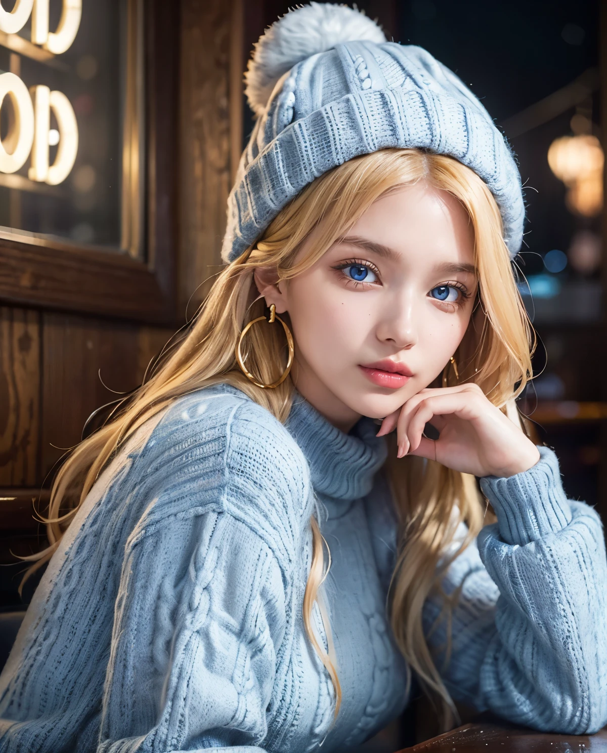 1girl, (Blue Eyes), (cheerful :1.2), (furry jacket), (sweater :1.3), (beautiful makeup :1.1), (Sana Minatozaki), wide hips, big ass, (Best Quality, 8k, Masterpiece: 1.3), Clear Focus: 1.2, Perfect Body Beauty: 1.4, Highly detailed face and skin texture, detailed eyes, double eyelids, red lips, (blond long hair), closeup of face :1.3, jeans, golden earrings, winter hat, portrait, sitting in a bar, in the Shibuya neighborhood of Japan at night, snowy night