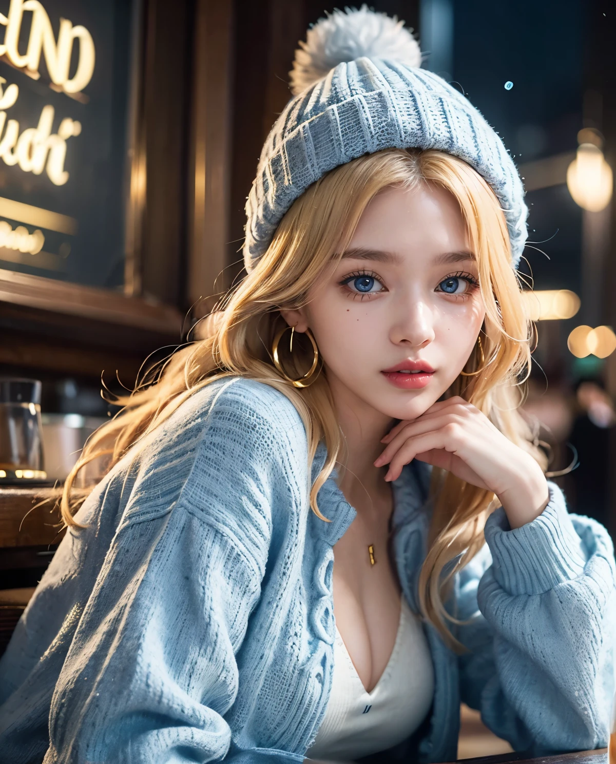 1girl, (Blue Eyes), (cheerful :1.2), (furry jacket), (sweater :1.3), (beautiful makeup :1.1), (Sana Minatozaki), wide hips, big ass, (Best Quality, 8k, Masterpiece: 1.3), Clear Focus: 1.2, Perfect Body Beauty: 1.4, Highly detailed face and skin texture, detailed eyes, double eyelids, red lips, (blond long hair), closeup of face :1.3, jeans, golden earrings, winter hat, portrait, sitting in a bar, in the Shibuya neighborhood of Japan at night, snowy night