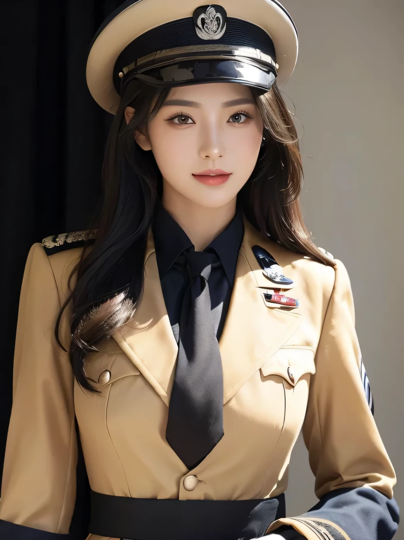 ((masterpiece、highest quality、Super detailed、High resolution、realistic、sharp focus、cinematic lighting))、bust shot、high contrast、Portrait of a beautiful female officer、heavy makeup、 (fine and beautiful eyes、thick and beautiful lips、highly detailed eyes and face)、bright colors、(soft lighting、big smile)、(German navy officer uniform、class seal、tie)、(black hair)、((view audience、Detailed depiction of hands))、Tianfeng 1、dramatic lighting、German/(uniform/)