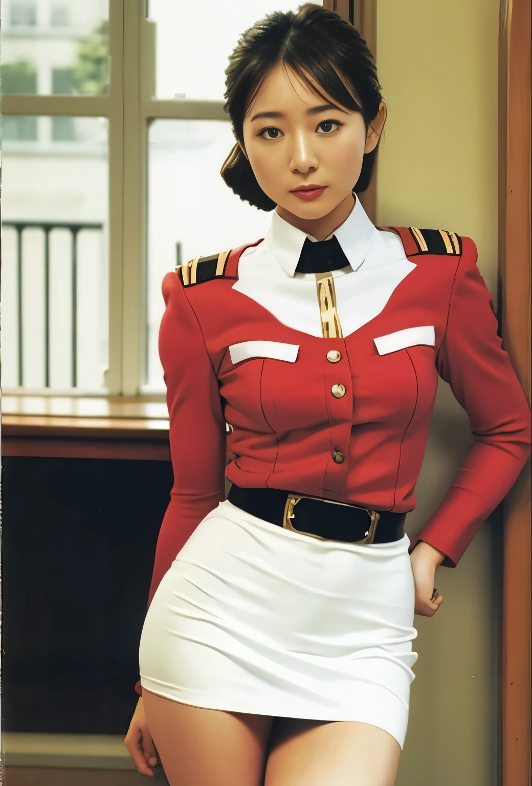 real photos、Highest image quality、beautiful woman、beautiful thighs、beautiful face、real image、federal army uniform miniskirt、ponytail、Yuriko Yoshitaka、16age日本人女性、Frau Bow、cute girl、white pantiesが丸見え、1６age、（white panties:1.3）、super mini skirt、beautiful thighs、white panties、赤いミニスカートがめくれてwhite pantiesが見えてる