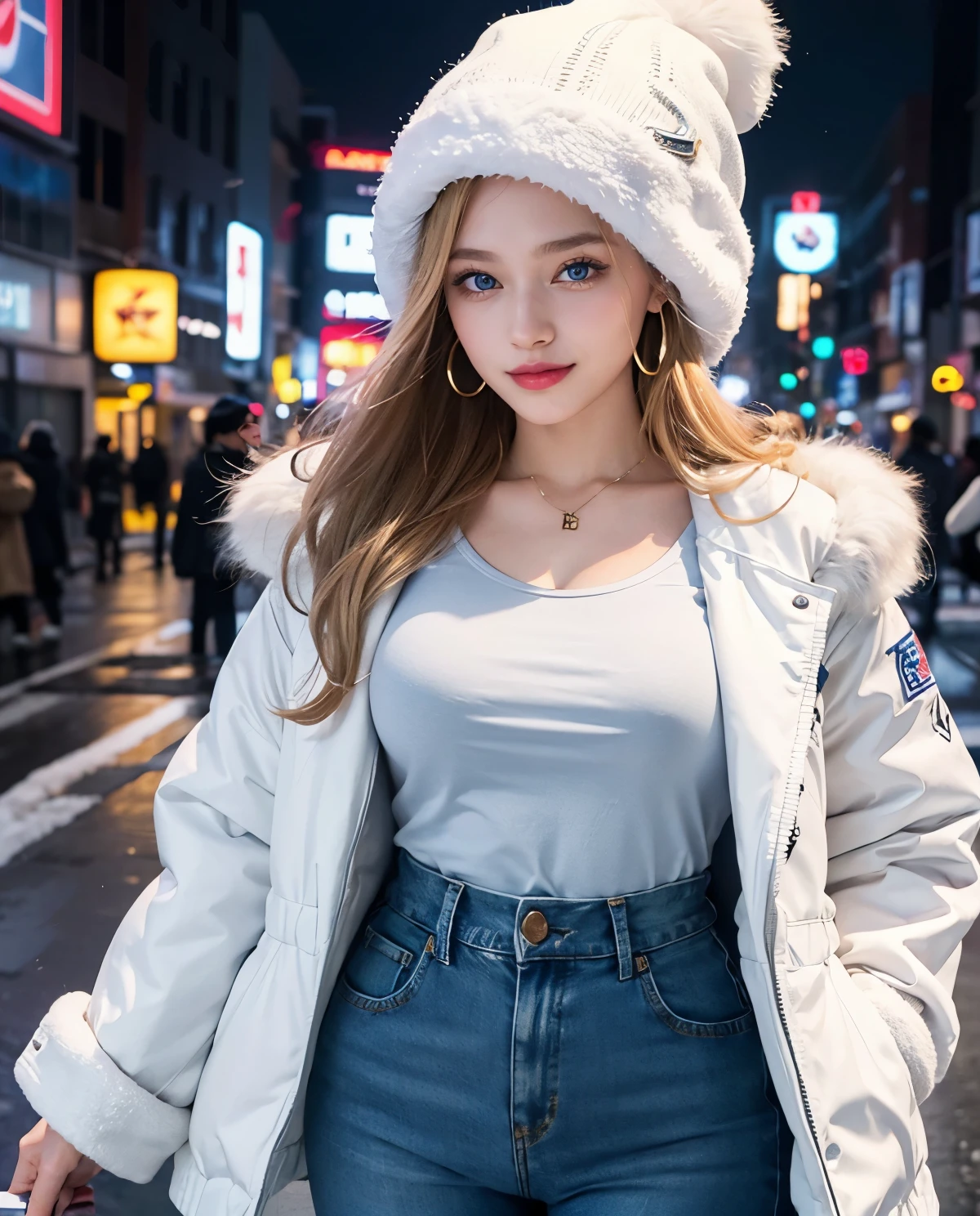 1girl, (Blue Eyes), (smiling :1.2), (closed white furry jacket :1.3), (beautiful makeup :1.1), (Sana Minatozaki), wide hips, big ass, (Best Quality, 8k, Masterpiece: 1.3), Clear Focus: 1.2, Perfect Body Beauty: 1.4, Highly detailed face and skin texture, detailed eyes, double eyelids, red lips, (blond long hair), closeup of face :1.3, jeans, golden earrings, winter hat, portrait, standing, dynamic pose, in the Shibuya neighborhood of Japan at night, snowy night