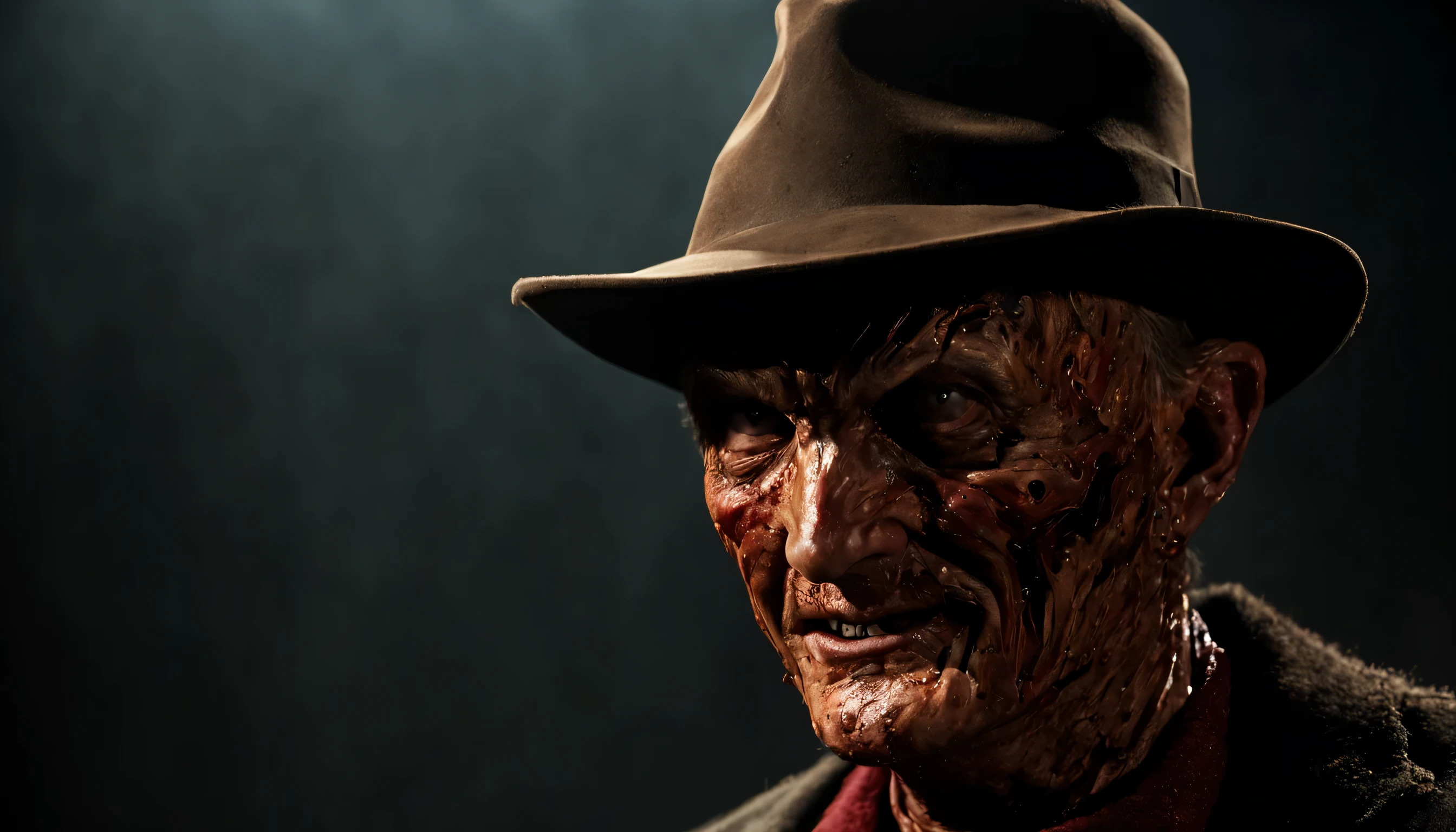 Describe a Freddy Krueger con su atuendo original., acechando a una mujer, Pensando en el futuro, spooky alley. (Calidad premium, 8K, 32k, Obra maestra, nffsw:1.3), (Ultra High Definition), (fotorrealista:1.4), raw photography, ojos perfectos, figura perfecta, action pose:1.2, Super detailed and realistic lights.. Su sombrero de ala ancha proyecta una sombra siniestra sobre su rostro quemado y desfigurado., mientras las afiladas hojas de sus dedos brillan con una luz siniestra. The air is thick with tension and palpable fear....., mientras Freddy mira hacia adelante con una sonrisa malvada, Ready to stalk his next victim in the dark....