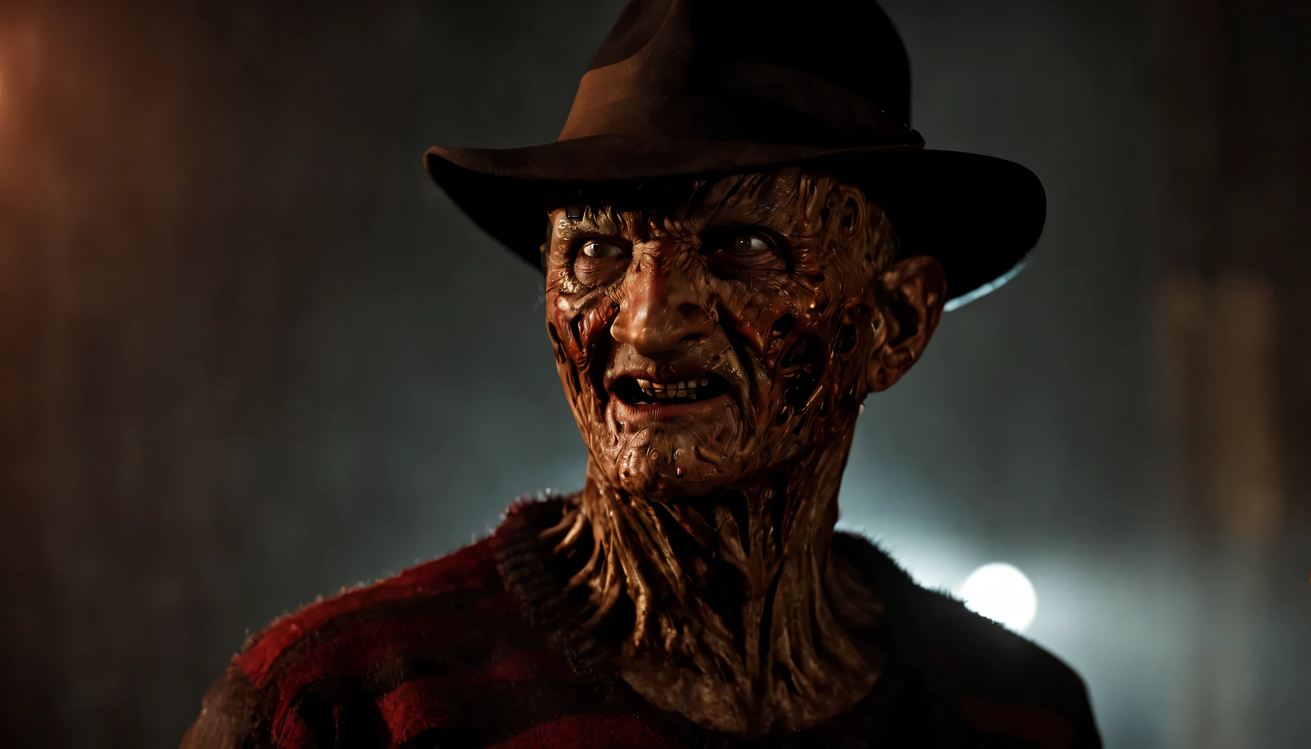 Describe a Freddy Krueger con su atuendo original., acechando a una mujer, Pensando en el futuro, spooky alley. (Calidad premium, 8K, 32k, Obra maestra, nffsw:1.3), (Ultra High Definition), (fotorrealista:1.4), raw photography, ojos perfectos, figura perfecta, action pose:1.2, Super detailed and realistic lights.. Su sombrero de ala ancha proyecta una sombra siniestra sobre su rostro quemado y desfigurado., mientras las afiladas hojas de sus dedos brillan con una luz siniestra. The air is thick with tension and palpable fear....., mientras Freddy mira hacia adelante con una sonrisa malvada, Ready to stalk his next victim in the dark....