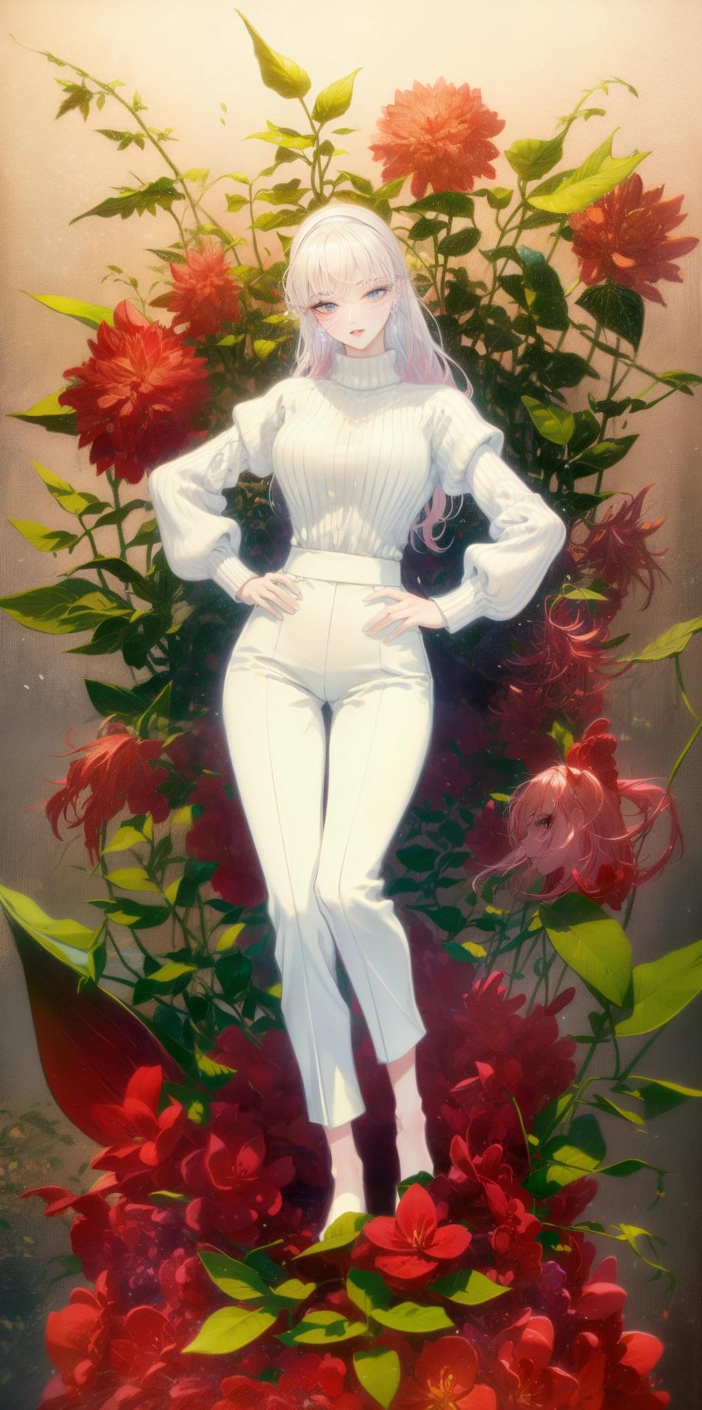 full body female white background detailed eyes long eyelashes beautiful lips standing pose hands on hips looking to the viewer, vibrant colors, oil painting style, soft lighting, masterpiece, best quality, 1girl, MaryMS, turtleneck, baggy pants, ((white background))