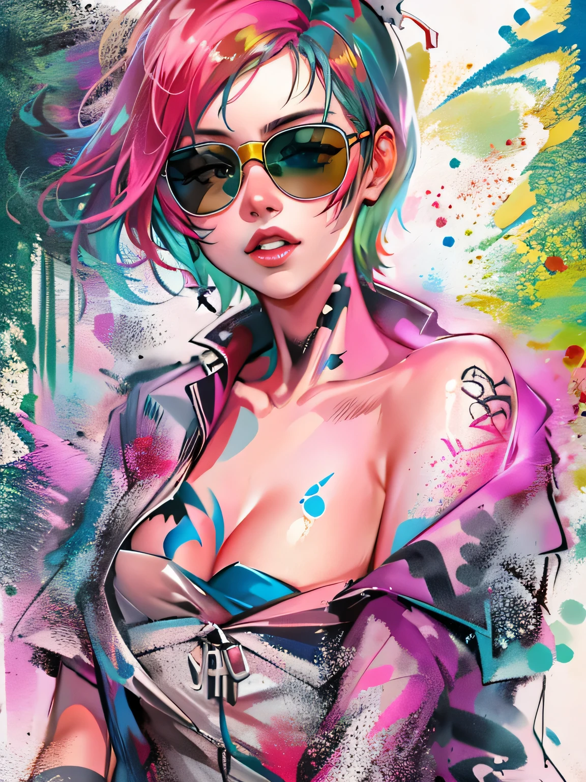 watercolor painting, 8K resolution、((highest quality))、((masterpiece))、((Super detailed))、1 female、alone、incredibly absurd、 (((The most beautiful pirate girl of all time))), (((Stylish sunglasses))), lips in love, white skin, topless, neon、short cut hair、small breasts, (((graffiti art))), colorful hair, provocative