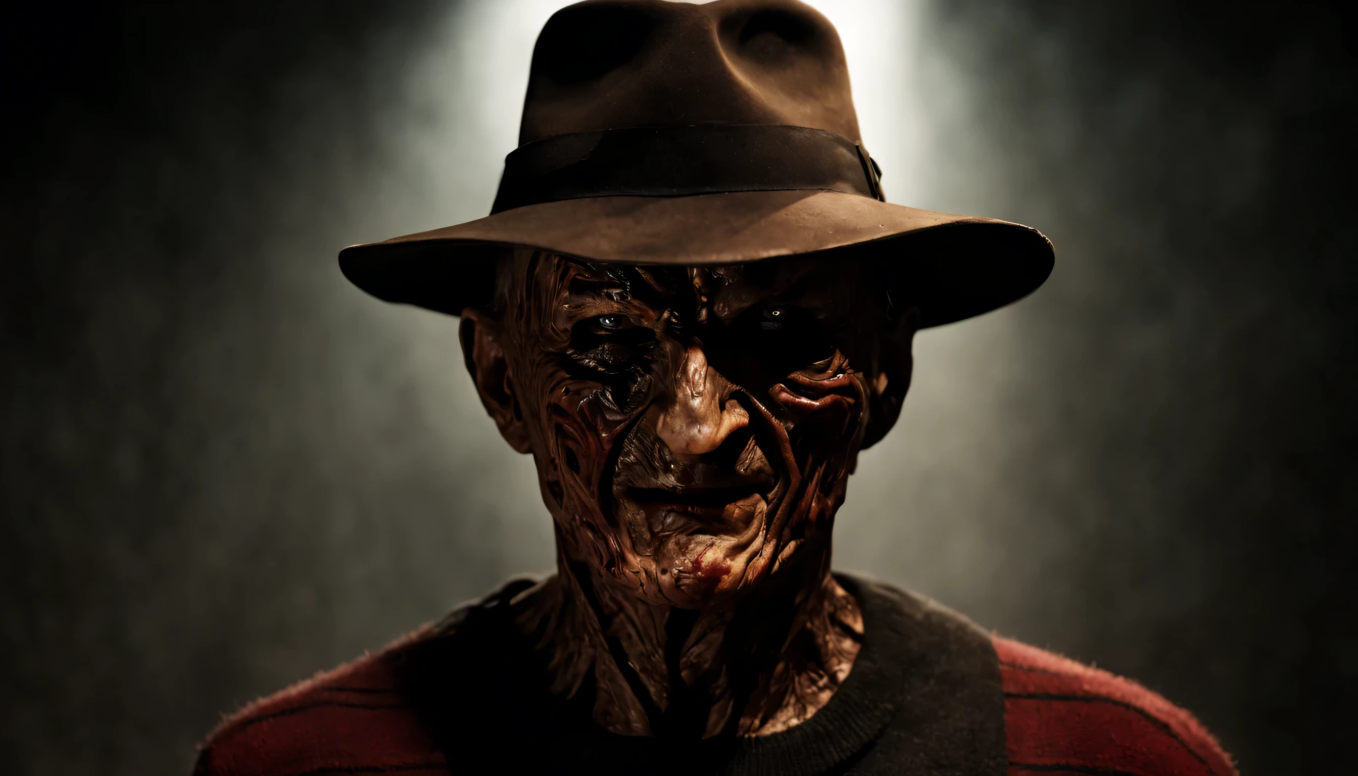 Describe a Freddy Krueger con su atuendo original., acechando a una mujer, Pensando en el futuro, spooky alley. (Calidad premium, 8K, 32k, Obra maestra, nffsw:1.3), (Ultra High Definition), (fotorrealista:1.4), raw photography, ojos perfectos, figura perfecta, action pose:1.2, Super detailed and realistic lights.. Su sombrero de ala ancha proyecta una sombra siniestra sobre su rostro quemado y desfigurado., mientras las afiladas hojas de sus dedos brillan con una luz siniestra. The air is thick with tension and palpable fear....., mientras Freddy mira hacia adelante con una sonrisa malvada, Ready to stalk his next victim in the dark....