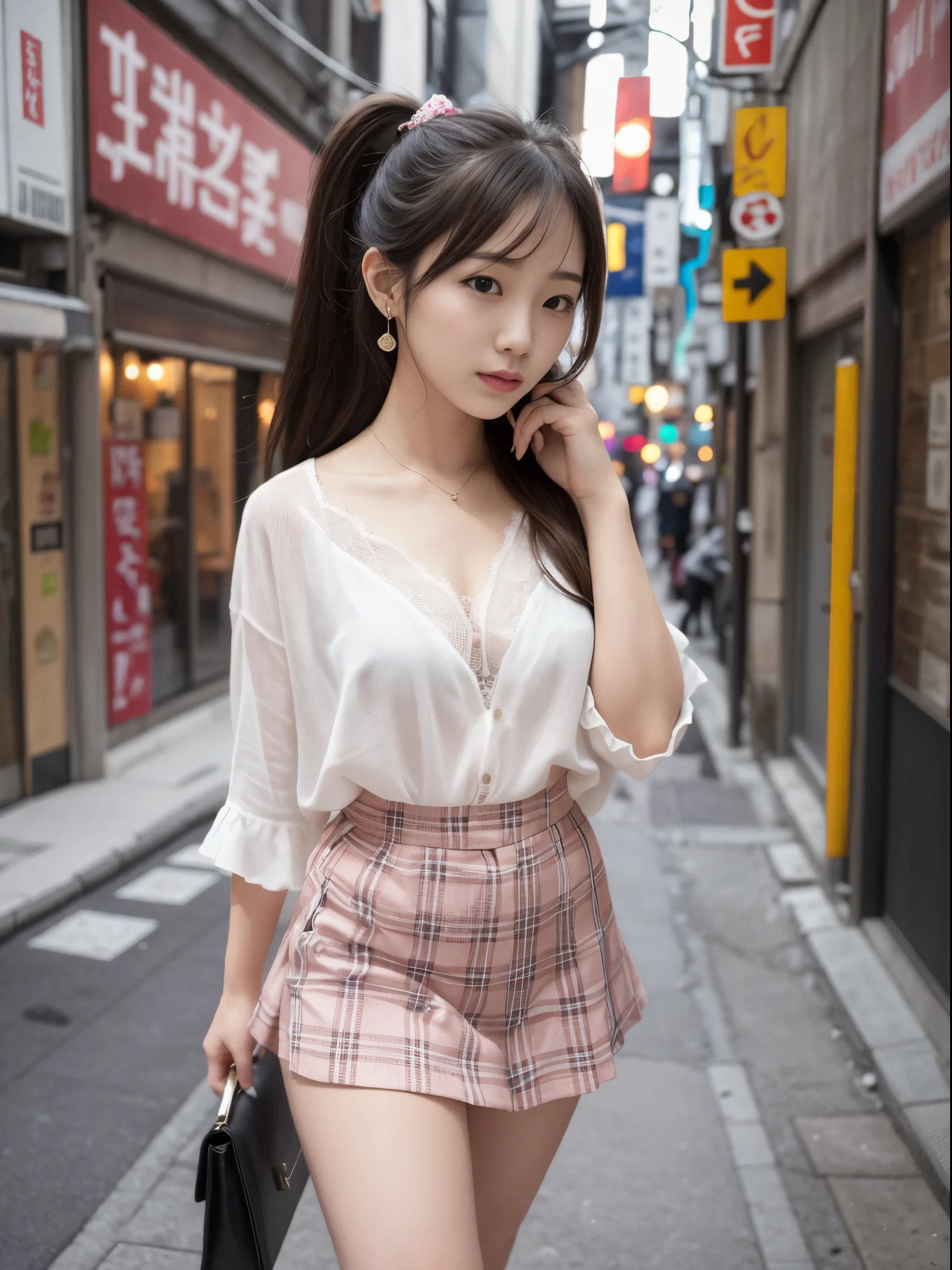 japanese woman　２0-year-old　　beautiful woman　real　ponytail　　C cup　whole body　tall　perfect proportions　highest quality　Tokyo　In town　pose for a photo