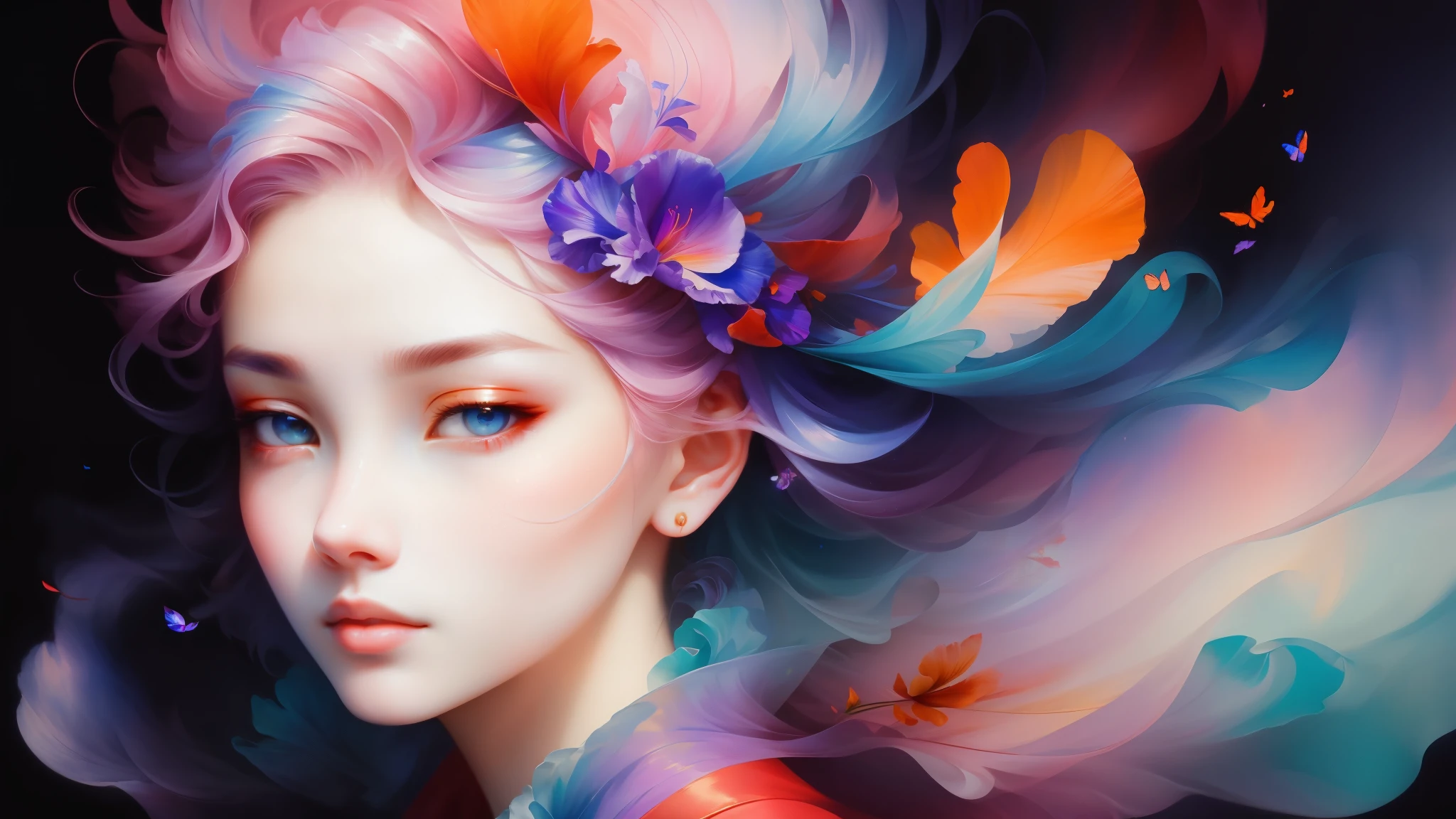 _James Jean, Floating female figure made from ribbon, smokes, in the sky, Colorful、Energetic, mysterious color, contemporary impressionism, yanjun cheng portrait painting, iridescence painting, 3/4 perspective, cute face, low angle, Sweeping and circling composition, beautiful big crystal eyes, large iris, ultra high definition, high dynamic range, 8k, (masterpiece:1. 5), (The most beautiful portraits in the world:1.5)