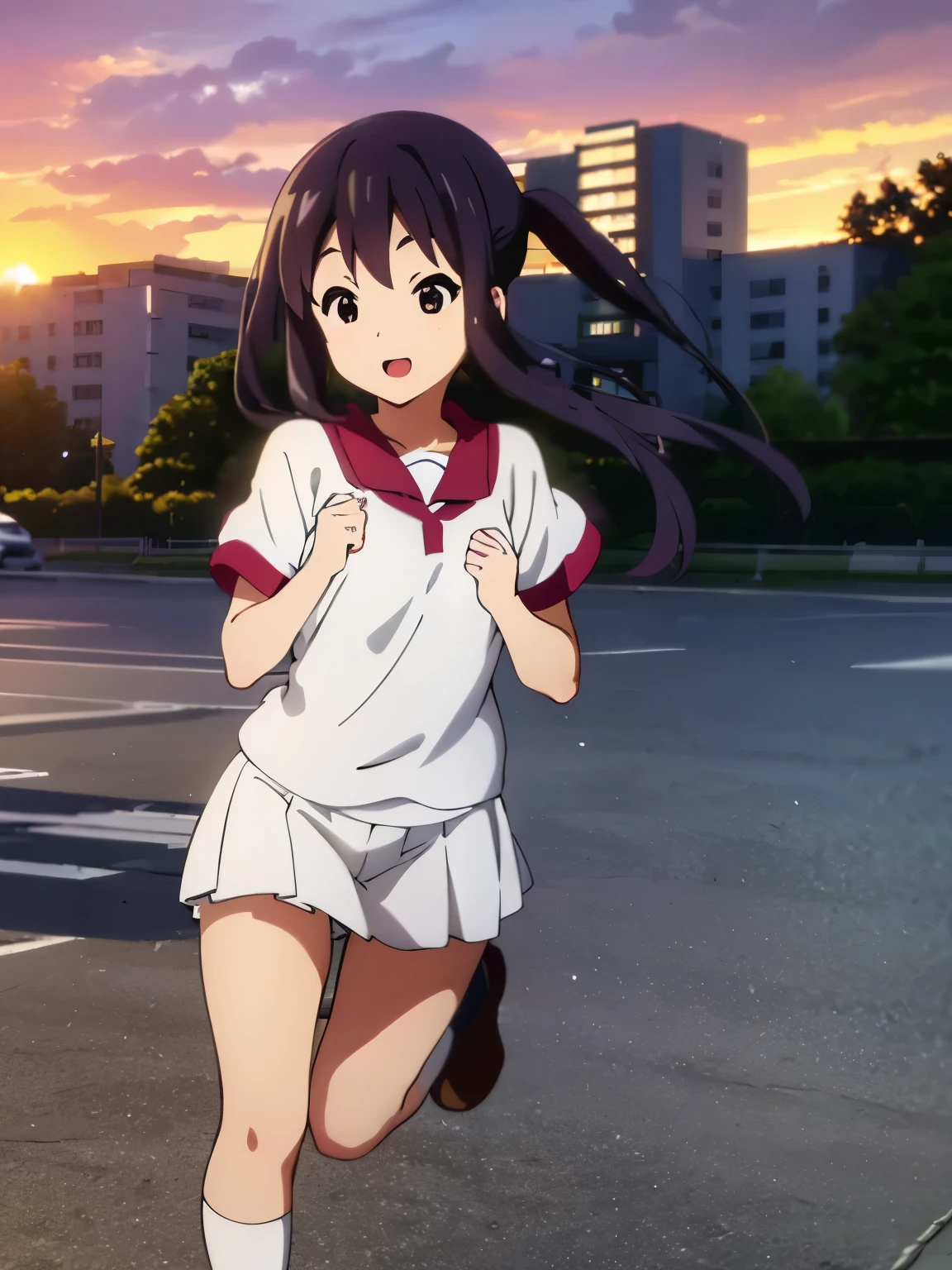 (best quality, masterpiece:1.2), 1girl, (((masterpiece))), (((full body))), (((running))), top-quality, top-quality, High Details, nakano azusa, 1girl, Sakuragaoka High School Uniform, sport clothes,short-sleeved sports shirt, shorts, Twin-tailed, length hair, A dark-haired, brown-eyed, solo, reddish, illustratio, comic strip, soothing tones, Subdued Color, Soft cinematic light, adobe lightroom, photolab, HDR, intricately and hyper-detailed、(((depth of fieldasterpiece)))。(((top-quality))).)((ultra-detailliert)))。(((illustratio)))。(((takeout))).dynamic focus.big breasts.(((city park))).(((A city))).(((Face of happy smile))). Close eye, open mouth.(((put hands on the chest))).(((up chest))).((morning glow)).((the setting sun)), solo, anime, anime screencap, ray tracing, ultra resolution image, vivid color,  cinematic light,  lens flare,  light on face, glow eyes,  depth of field, happy, detailed background, cute,  straight-on, dive dress, navel,