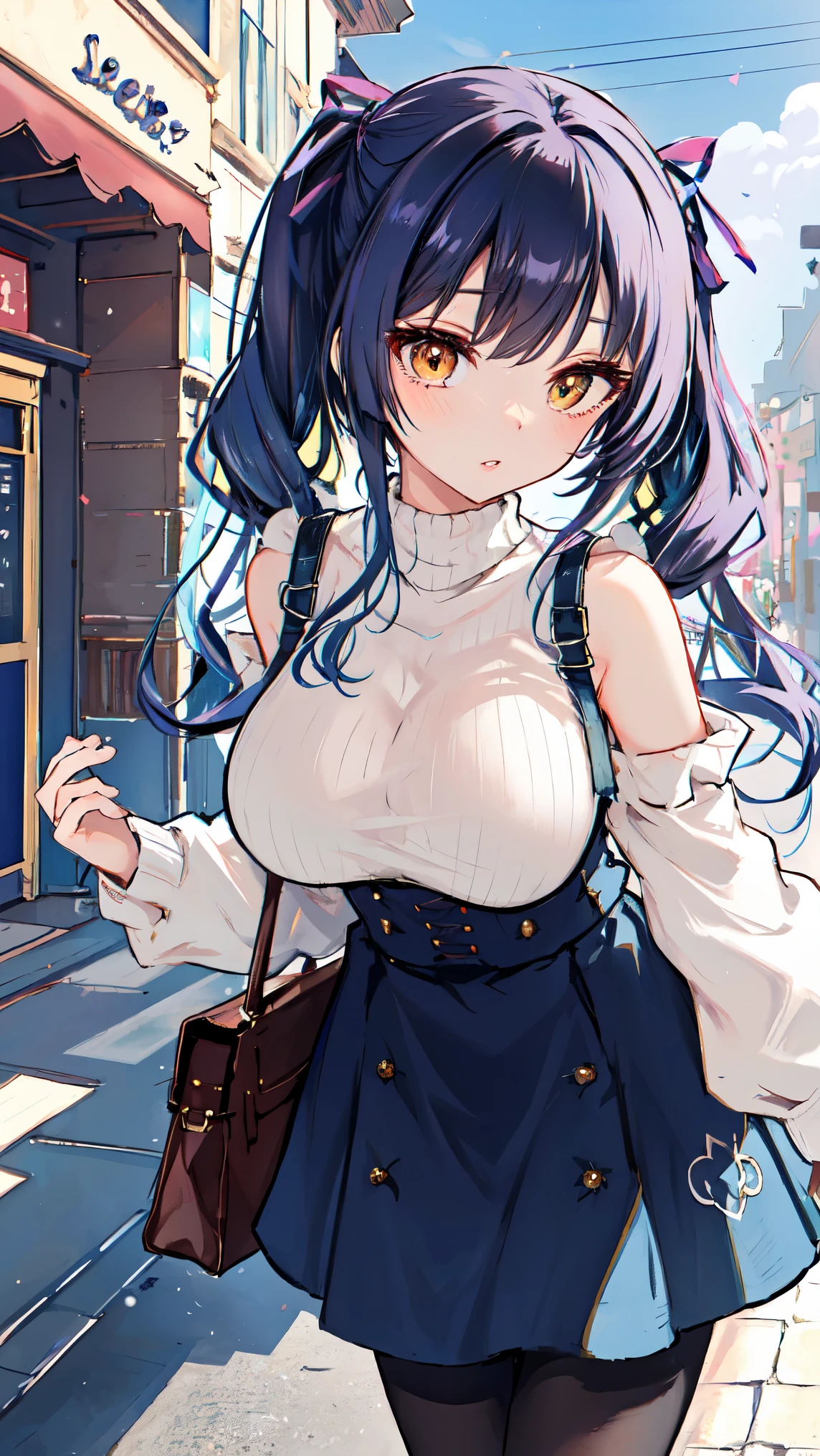 (sagging breasts,mature female,huge breasts, gigantic breasts),solo,gyaru,((nagatiti)),eyeshadow,lip,Shiny eyelashes,black hair,blue hair, ((two tone hair)),twin tails,piercing, detailed decorations, ω,half eye,embroidered, Corsets, suspender skirts, flare skirts, off-shoulder sweater, oversize, buggy clothes, rib sweater, puff sleeves, pantyhose,long hair, curly hair,from diagonal,dynamic angle, pov,From above ,(hand focus),wide-angle,walking around town, bags,leaning forward,