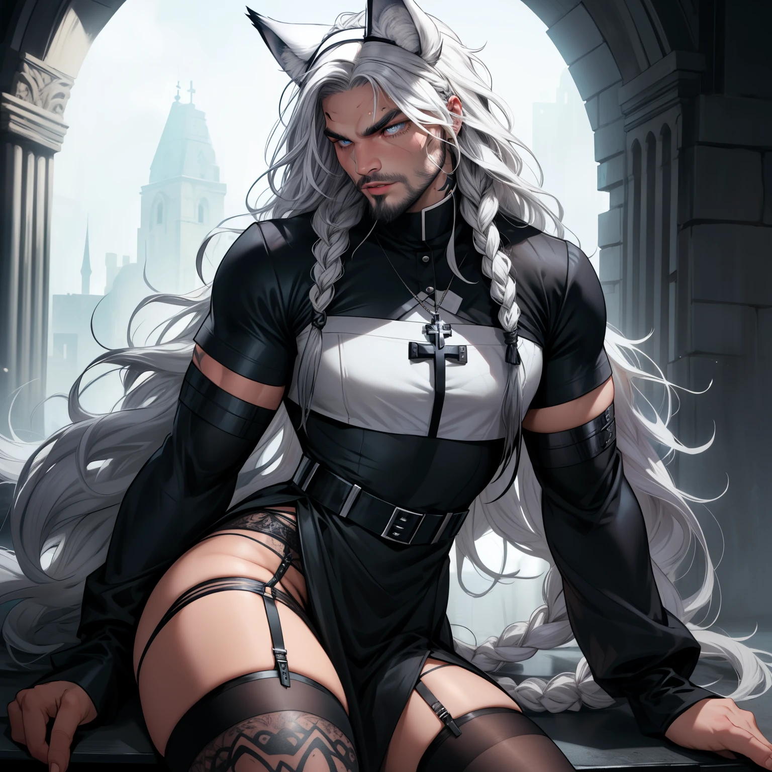 jason mamoa with long white hair and long braided locks, has wolf ears, has a wolf tail, has glowing blue eyes, wearing catholic nun outfit, short light beard, wearing cute female makeup, wearing lipstick, wearing eyeshadow, covered in tattoos, wearing garter belt, wearing sheer stockings, solo, alone, (SOLO)(ALONE)