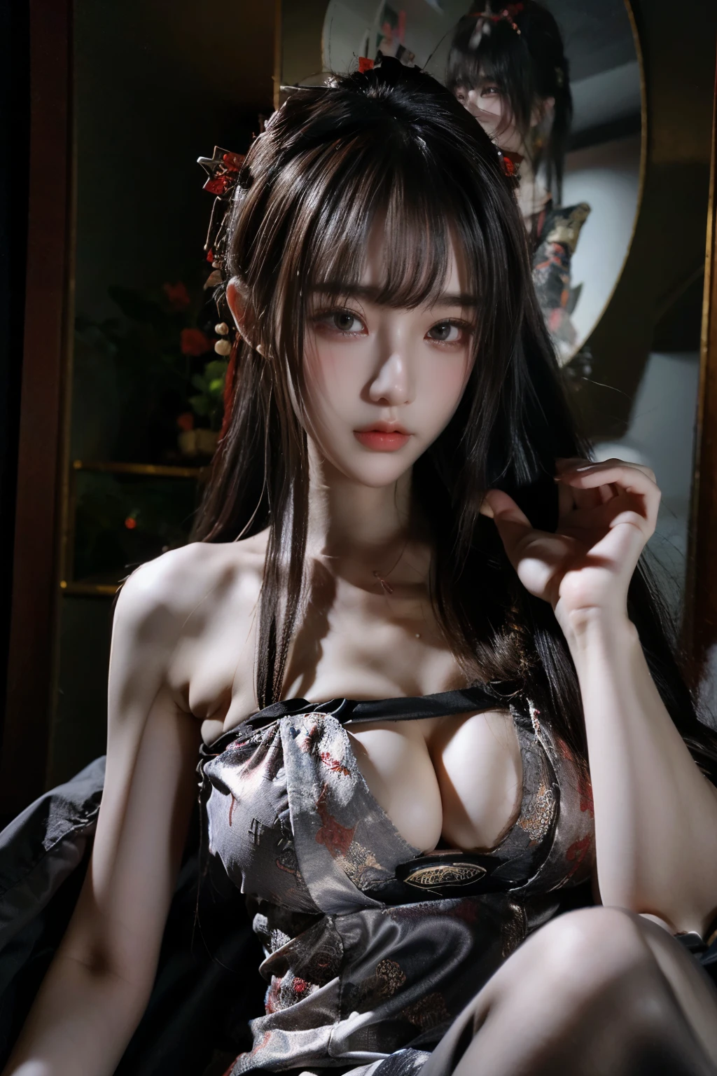Masterpiece,Game art,The best picture quality,Highest resolution,8K,(Portrait),Unreal Engine 5 rendering works,(Digital Photography),((Portrait Feature:1.5)),
20 year old girl,Short hair details,With long bangs,(The red eye makeup is very meticulous),(With long gray hair:1.4),(Large, full breasts),Elegant and noble,Brave and charming,
(Future armor combined with the characteristics of ancient Chinese armor,Hollow design,Power Armor,The mysterious Eastern runes,A delicate dress pattern,A flash of magic),Warrior of the future,Cyberpunk figures,Background of war,
Movie lights,Ray tracing,Game CG,((3D Unreal Engine)),OC rendering reflection pattern