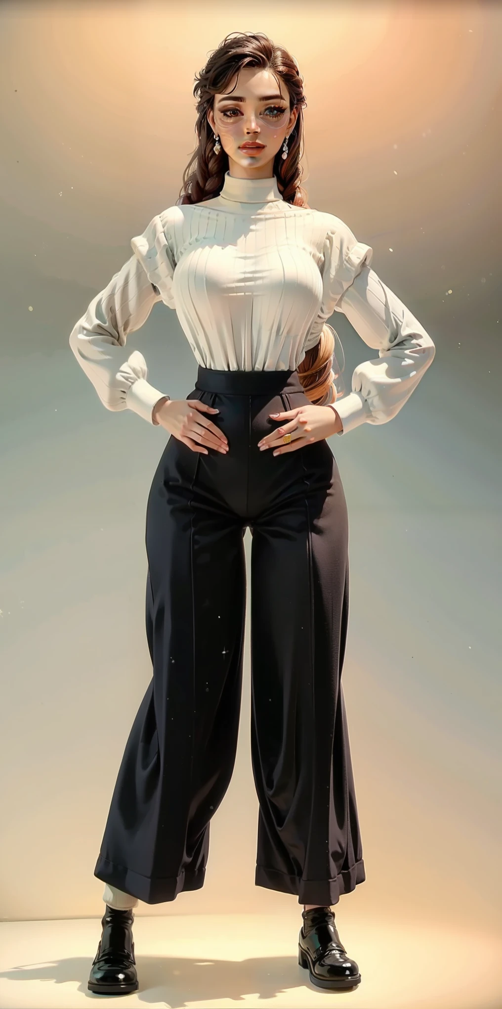 full body female white background detailed eyes long eyelashes beautiful lips standing pose hands on hips looking to the viewer, vibrant colors, oil painting style, soft lighting, masterpiece, best quality, 1girl, MaryMS, turtleneck, baggy pants