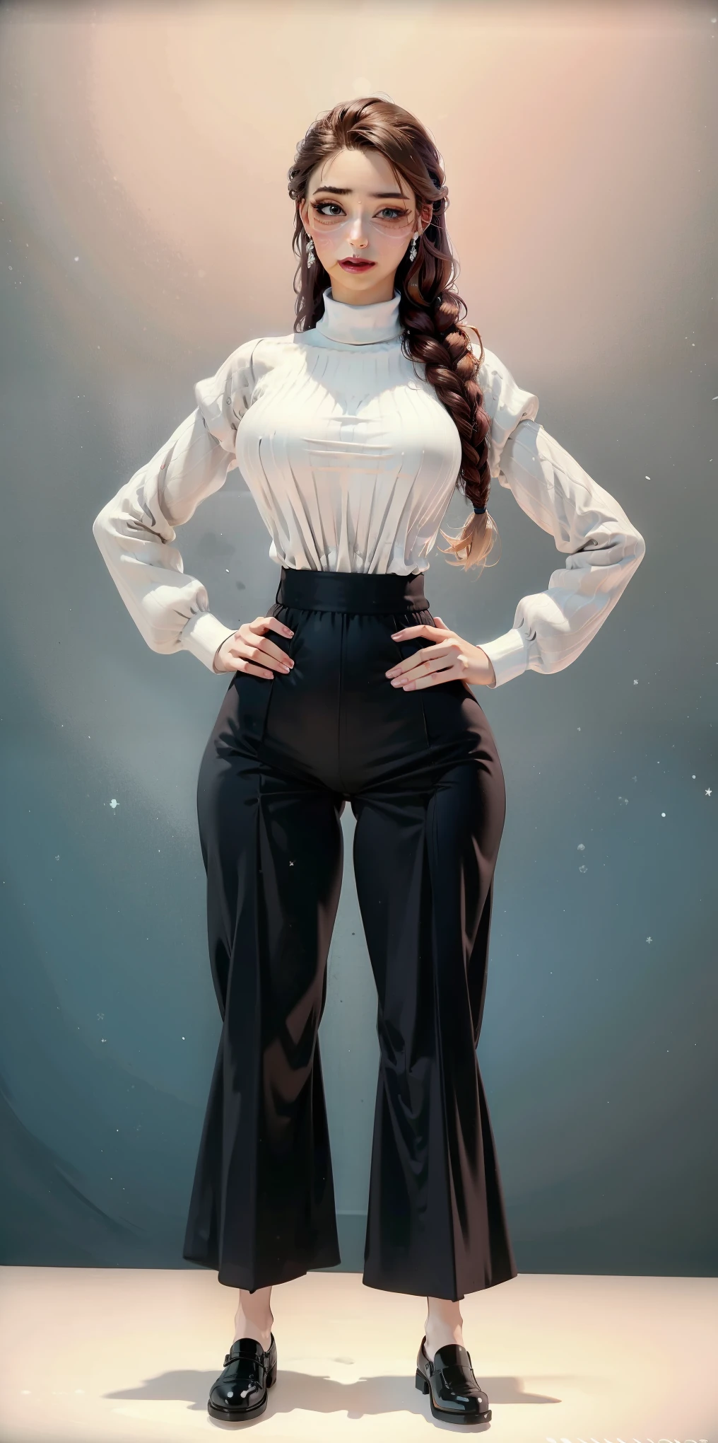 full body female white background detailed eyes long eyelashes beautiful lips standing pose hands on hips looking to the viewer, vibrant colors, oil painting style, soft lighting, masterpiece, best quality, 1girl, MaryMS, turtleneck, baggy pants