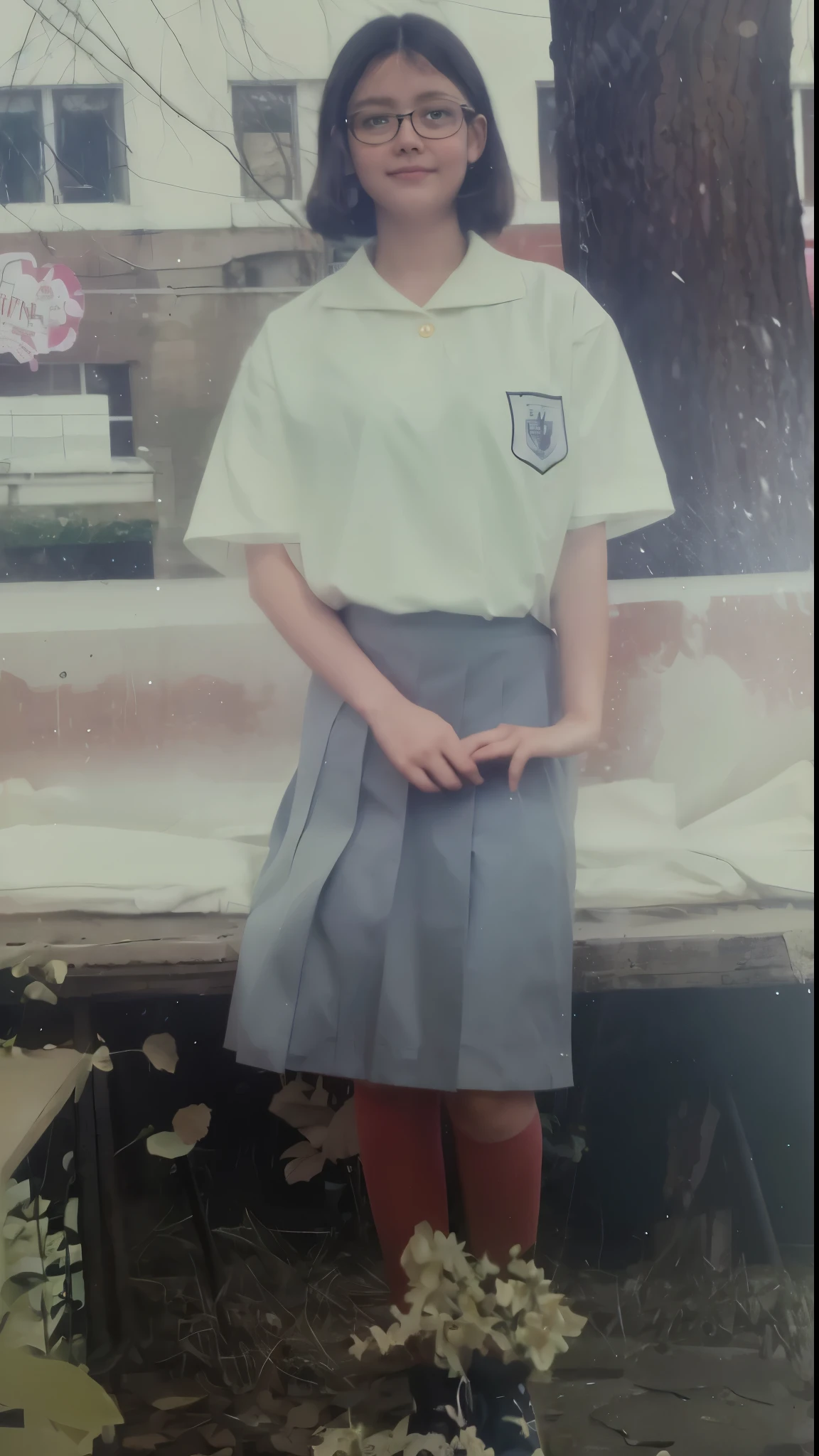 a woman wearing glasses and a white school buttoned uniform was standing