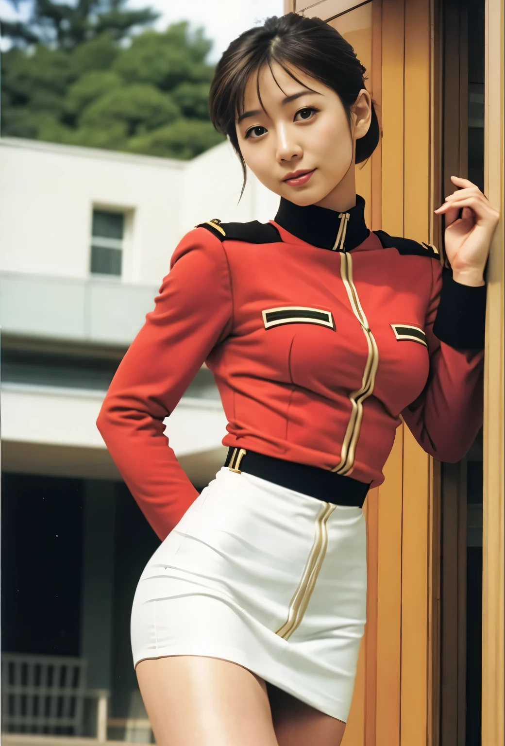 real photos、Highest image quality、beautiful woman、beautiful thighs、beautiful face、real image、federal army uniform miniskirt、ponytail、Yuriko Yoshitaka、16age日本人女性、Frau Bow、cute girl、white pantiesが丸見え、1６age、（white panties:1.3）、super mini skirt、beautiful thighs、white panties、赤いミニスカートがめくれてwhite pantiesが見えてる