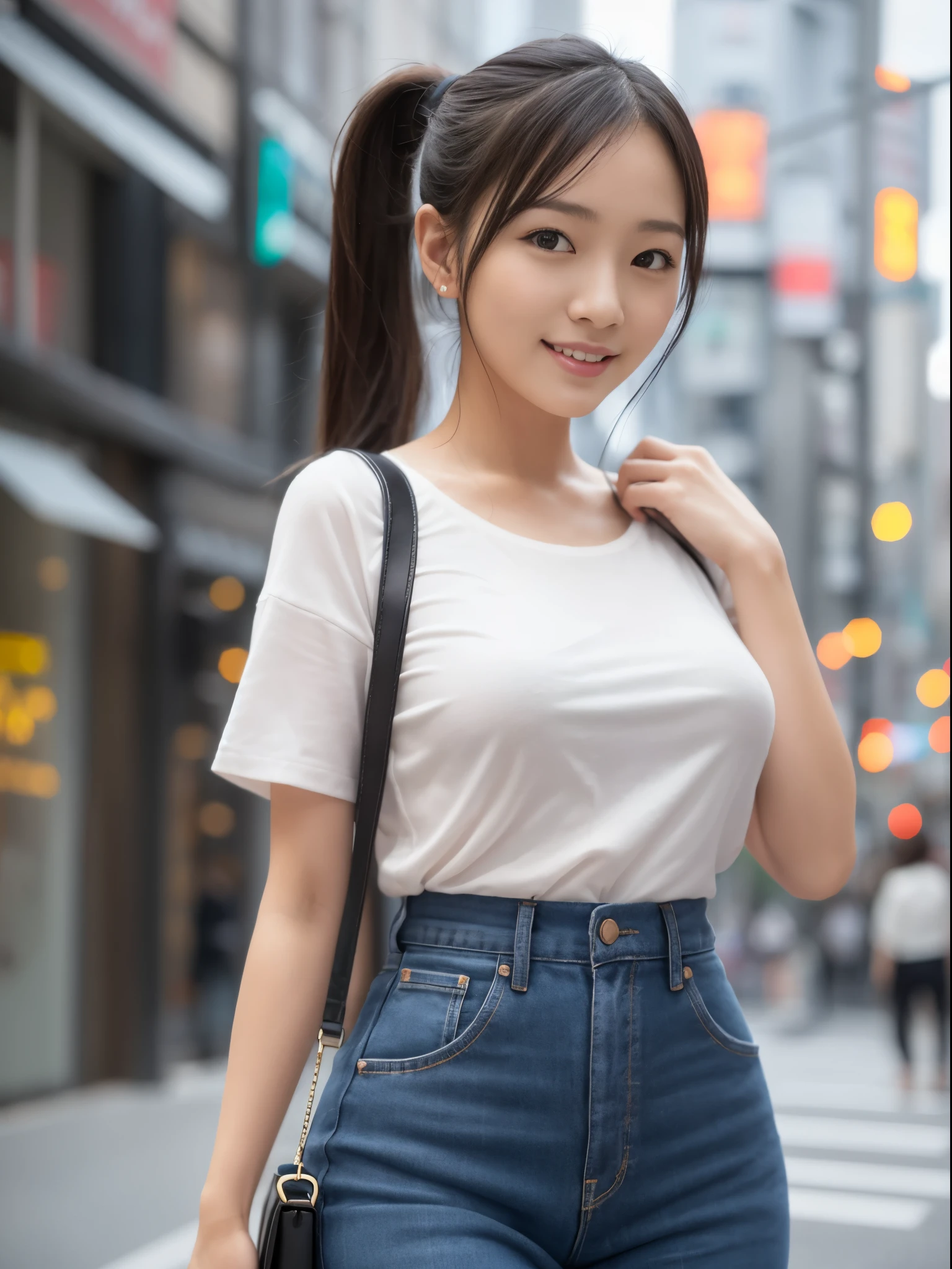 japanese woman 22age beautiful woman real ponytail C cup whole body tall perfect proportions highest quality Tokyo In town pose for a photo smiling
