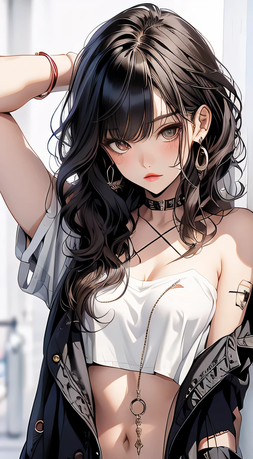 masterpiece, highest quality, pixiv, cool girl, the strongest pirate girl, topless, lips in love, dark brown hair, curly hair, dull bangs, straight bangs, gray eyes, white skin, gal, Improve