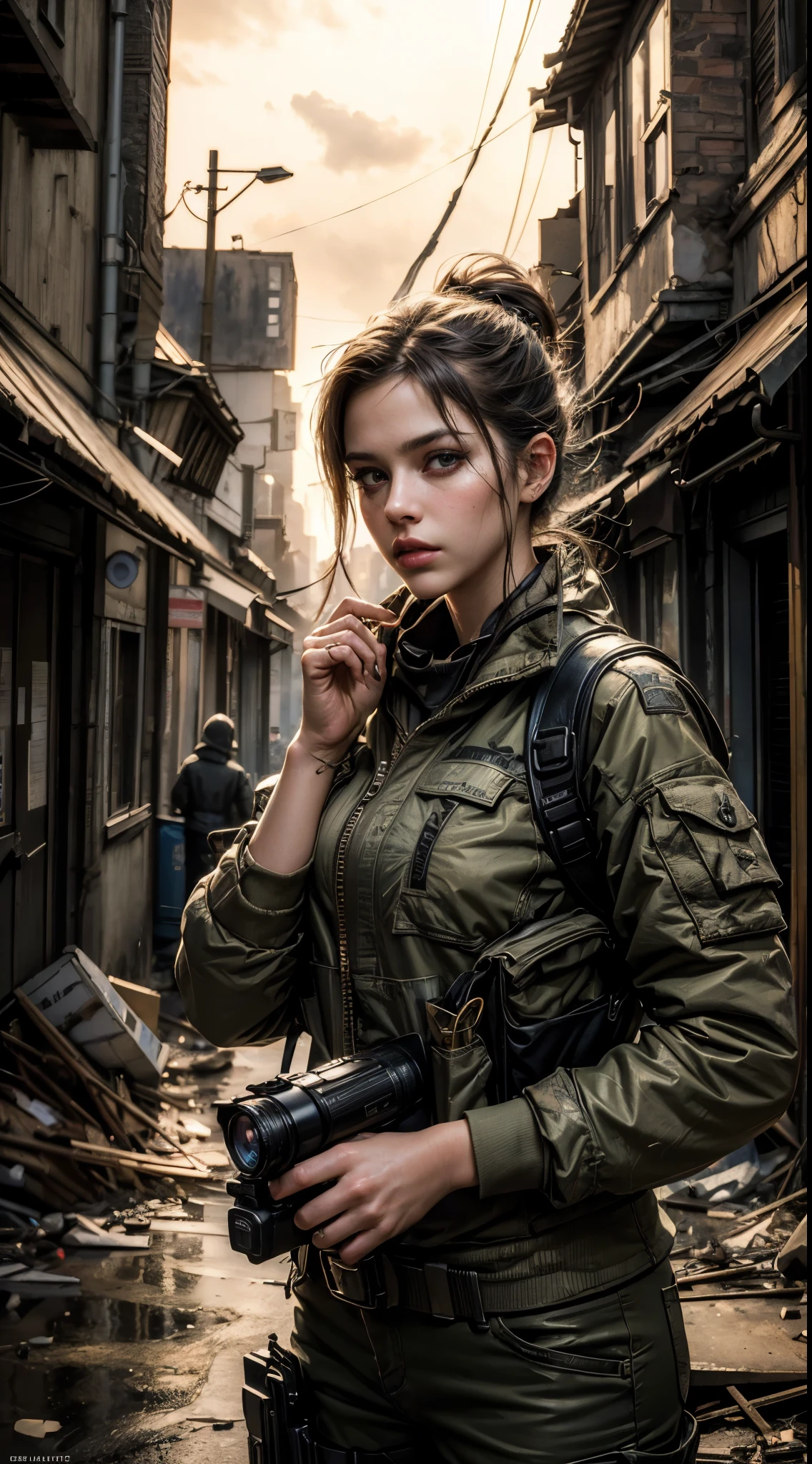 (best quality,highres,masterpiece:1.2),portraits,(realistic,photorealistic,photo-realistic:1.37),1girl,military outfit,holding flashlight in hands,correct hands,flashlight pose,dramatic lighting,detailed face,apocalyptic damaged city background