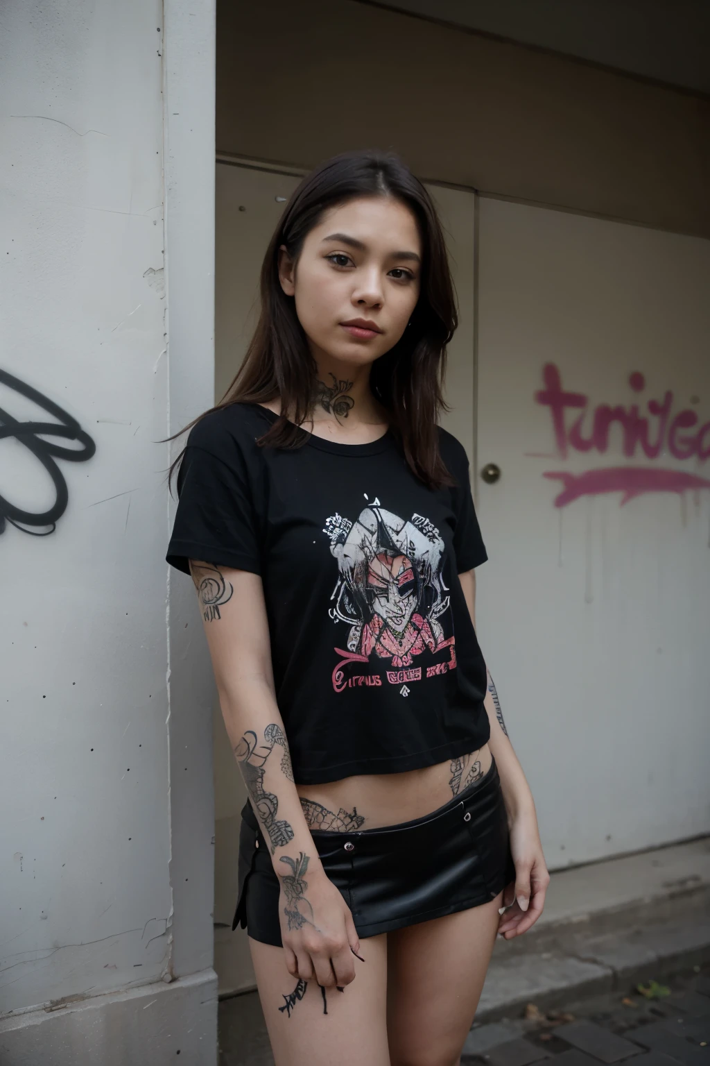 A devilish doll graffitiing a t-shirt 4k well detailed on the wall making a graffiti of a t-shirt 4k any cartoon that is graffitiing the t-shirt on a wall well detailed in the day, the cartoon has to be bad and has to be dressed in urban clothing for example hip hop 4k