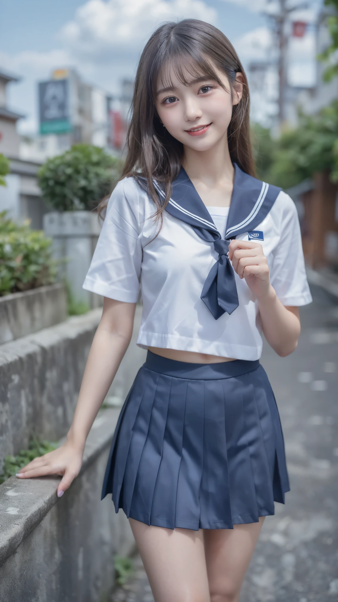 (best quality, 8k, 32k, masterpiece, UHD:1.2), (RAW photo), (realistic), (photorealistic:1.2), (high resolution), huge filesize, ultra-detailed, extremely beautiful face & eyes, 1girl, japanese elementary school student,14yo, 13yo, 12yo, round small face, baby face, perfect tdouble eyelids, thin waist, large breasts, slim proportions, thin thighs, (darkblue pleated mini skirt, japanese sailor, sailor fuku, serafuku, japanese school sailor suit, white shirt), nice hands, perfect hands, accurate hand depiction, perfect thumb & fingers, sweaty, shy smile, pure white teeth, from below, blue sky, sun, summer,