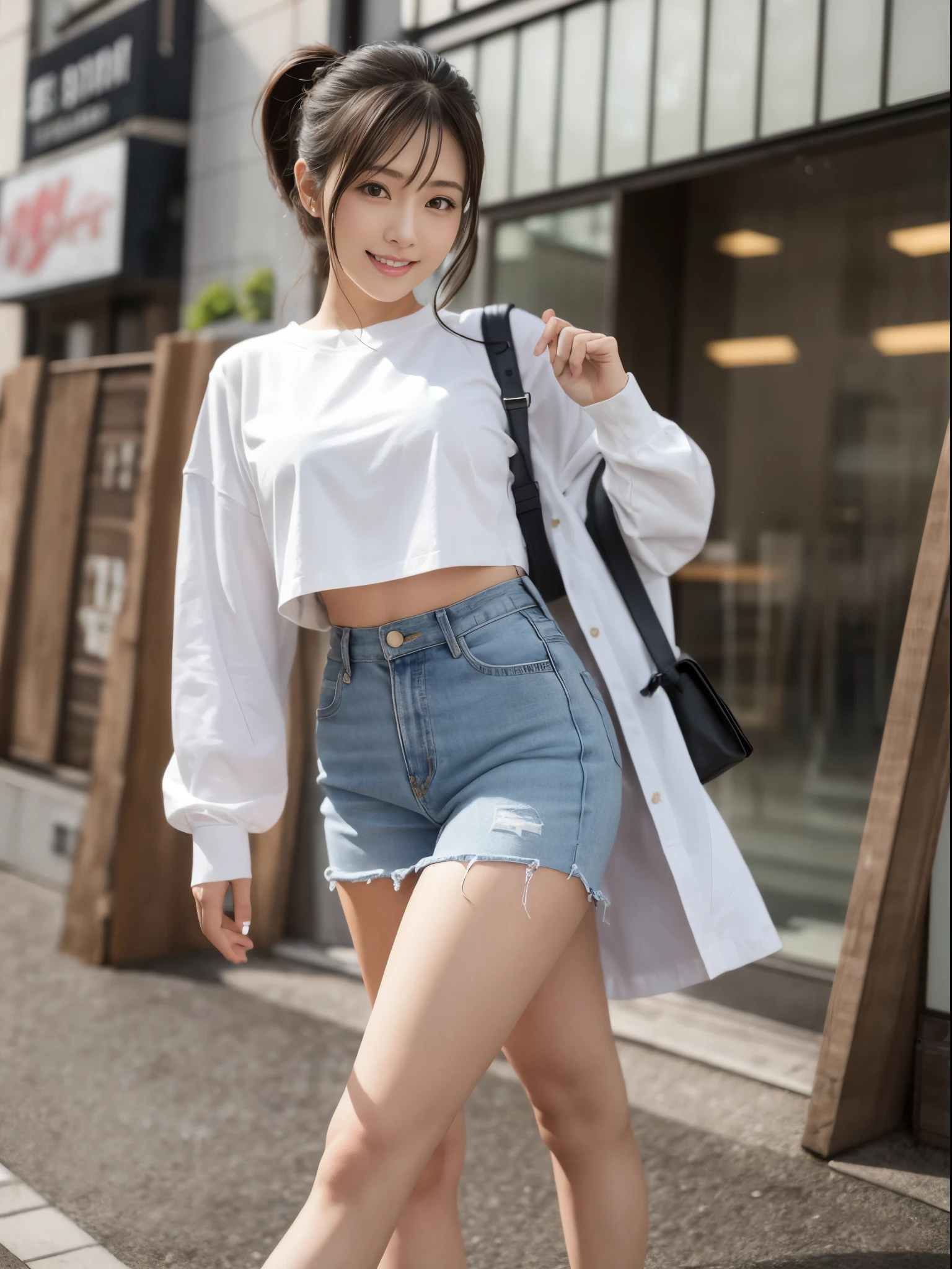 japanese woman　２4-year-old　　beautiful woman　real　ponytail　　C cup　whole body　tall　perfect proportions　highest quality　Tokyo　In town　pose for a photo　smiling