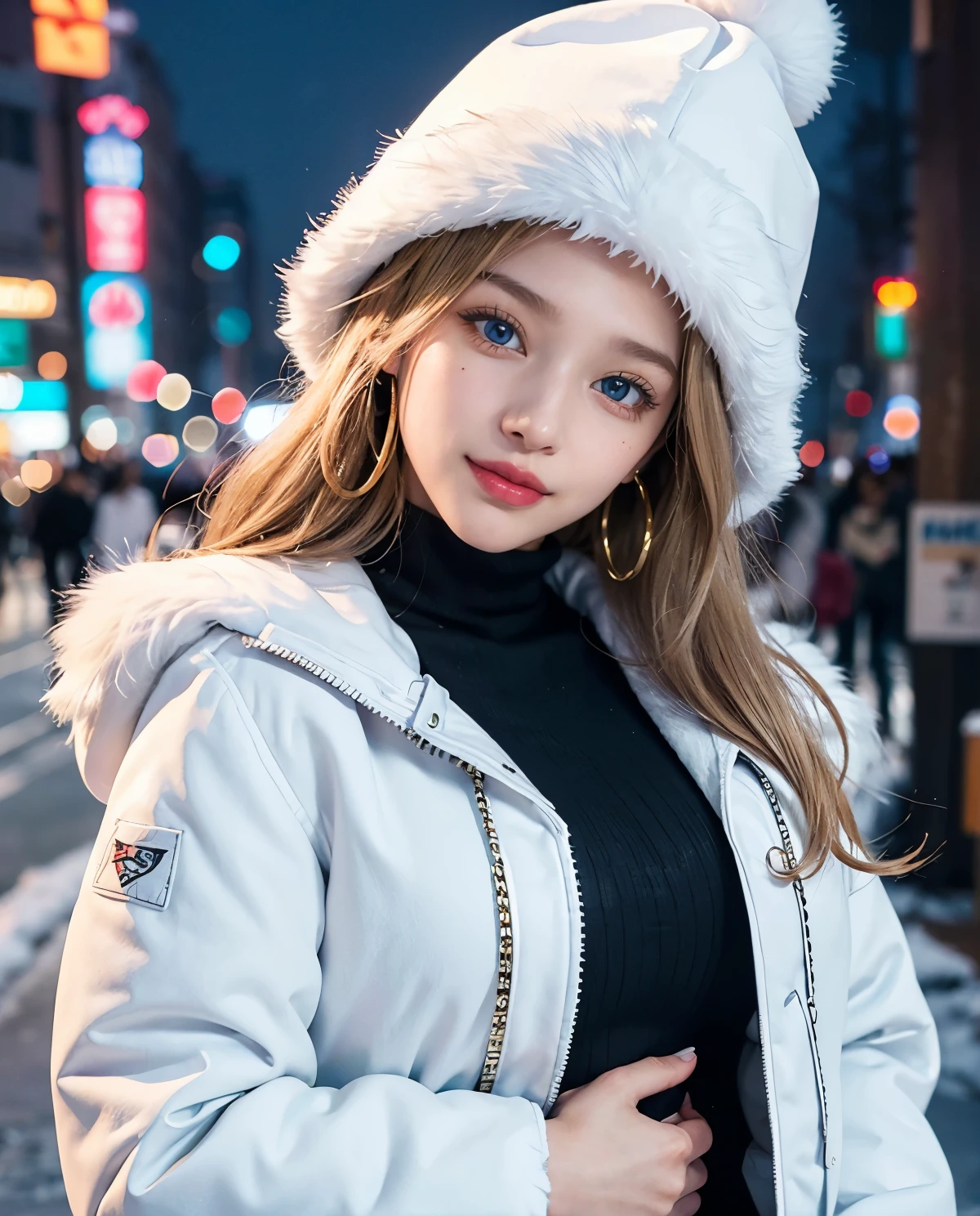 1girl, (Blue Eyes), (smiling :1.2), (closed white furry jacket :1.3), (beautiful makeup :1.1), (Sana Minatozaki), wide hips, big ass, (Best Quality, 8k, Masterpiece: 1.3), Clear Focus: 1.2, Perfect Body Beauty: 1.4, Highly detailed face and skin texture, detailed eyes, double eyelids, red lips, (blond long hair), closeup of face :1.3, jeans, golden earrings, winter hat, portrait, standing, dynamic pose, in the Shibuya neighborhood of Japan at night, snowy night