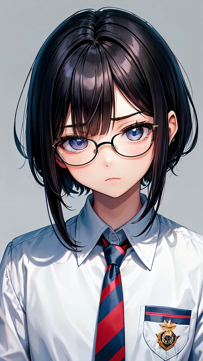 Japanese high school student boy body shape )),straight hair ((jet-black hair , very short hair )),((asymmetrical much shaggy long forelock)),BREAK, older and intrepid face, ((school uniform, white dress shirt, black slacks, red striped necktie, maple school badge )), blue lenses glasses ,BREAK, thin sharp eyes ((shiny pale blue eye, )), blush , BREAK, decadent and eloquent atmosphere,((face focus:1.3)), his arms folded ,((NSFW))