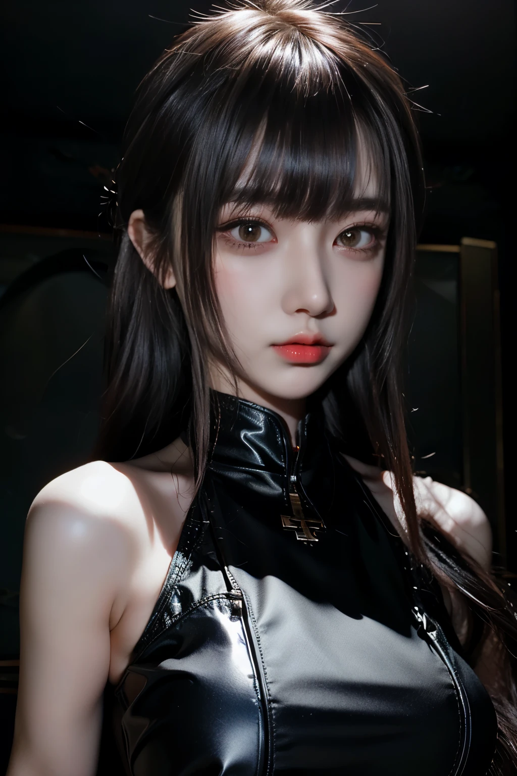 Masterpiece,Game art,The best picture quality,Highest resolution,8K,(Portrait),Unreal Engine 5 rendering works,(Digital Photography),((Portrait Feature:1.5)),
20 year old girl,Short hair details,With long bangs,(The red eye makeup is very meticulous),(With long gray hair:1.4),(Large, full breasts),Elegant and noble,Brave and charming,
(Future armor combined with the characteristics of ancient Chinese armor,Hollow design,Power Armor,The mysterious Eastern runes,A delicate dress pattern,A flash of magic),Warrior of the future,Cyberpunk figures,Background of war,
Movie lights，Ray tracing，Game CG，((3D Unreal Engine))，OC rendering reflection pattern