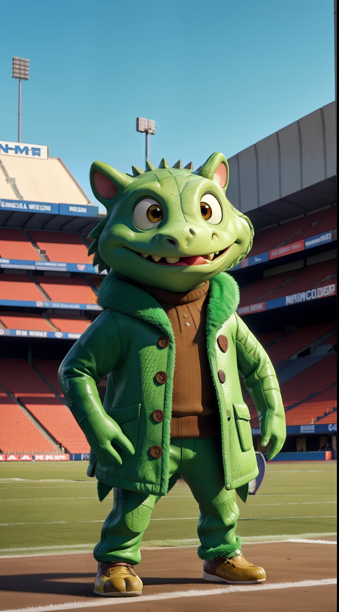 a crocodile, green fur, Clothing football, In front of the football stadium, 1 person