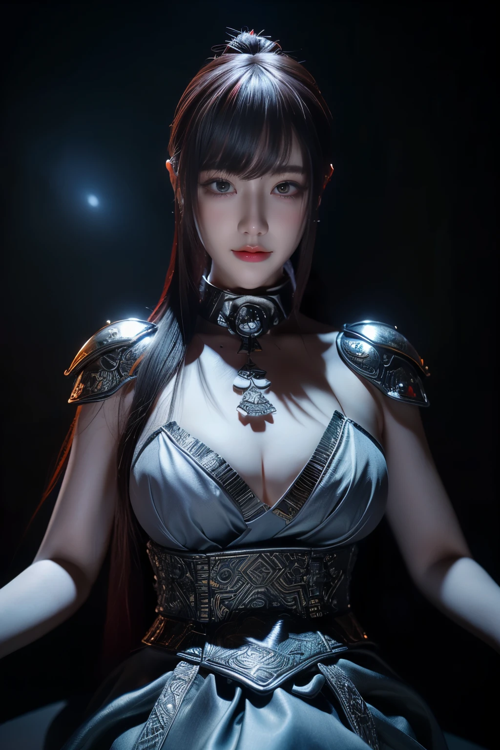 Masterpiece,Game art,The best picture quality,Highest resolution,8K,(Portrait),Unreal Engine 5 rendering works,(Digital Photography),((Portrait Feature:1.5)),
20 year old girl,Short hair details,With long bangs,(The red eye makeup is very meticulous),(With long gray hair:1.4),(Large, full breasts),Elegant and noble,Brave and charming,
(Future armor combined with the characteristics of ancient Chinese armor,Hollow design,Power Armor,The mysterious Eastern runes,A delicate dress pattern,A flash of magic),Warrior of the future,Cyberpunk figures,Background of war,
Movie lights,Ray tracing,Game CG,((3D Unreal Engine)),OC rendering reflection pattern