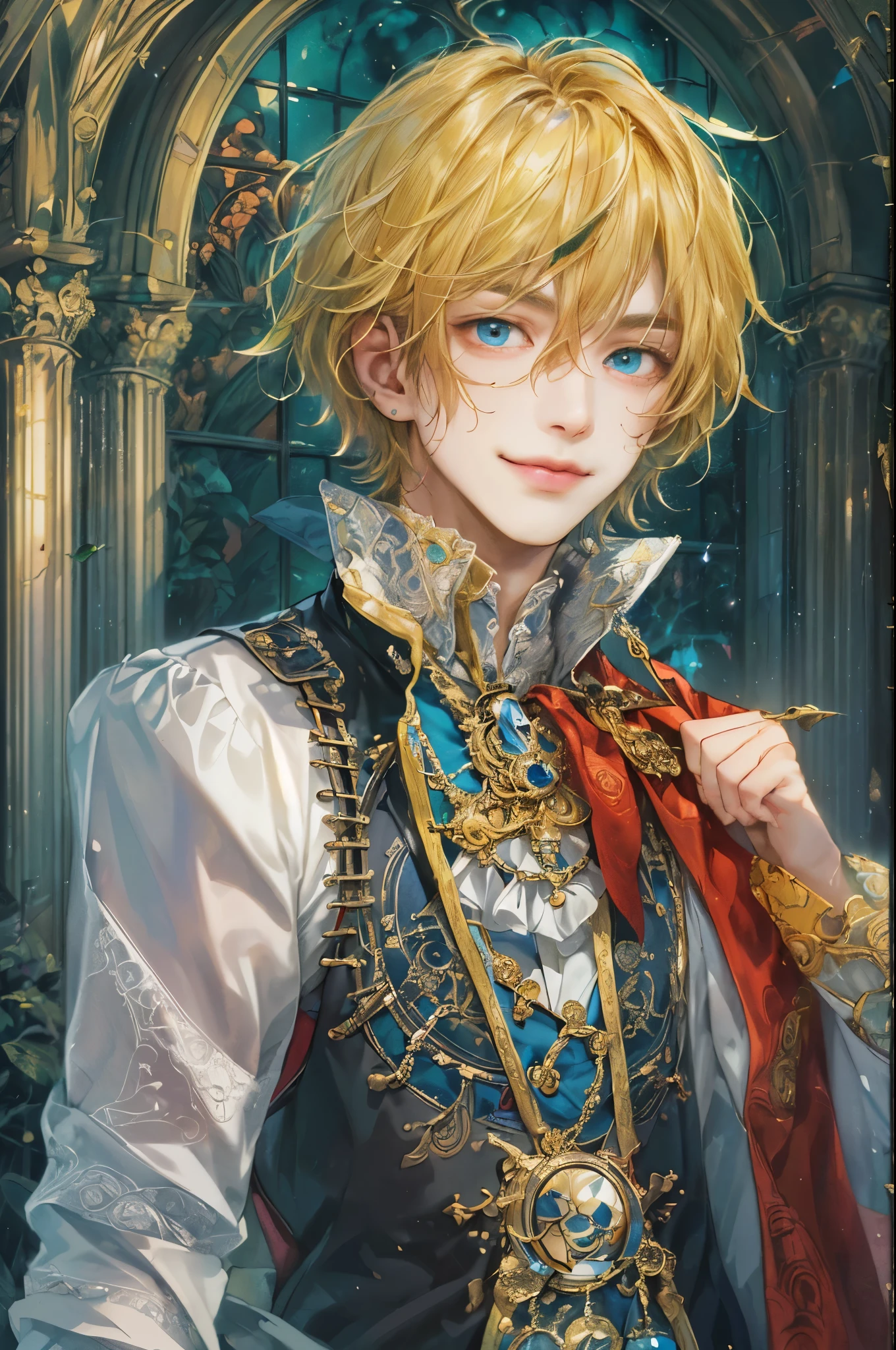 ((absurdres, highres, ultra detailed, perfect face), 1 boy , front view, young boy, handsome boy villain character from Uta no Prince sama, short hair, anime eyes, alchemist clothes with colorful details,  eyes on the viewer, add red details to picture and smirk, dimples, extremely detailed CG unity 8k wallpaper, add blue details on side, intricate details and add yellow details on left, rose ornaments, witch castle background, detailed houses town scenery window background, tim burton style theme