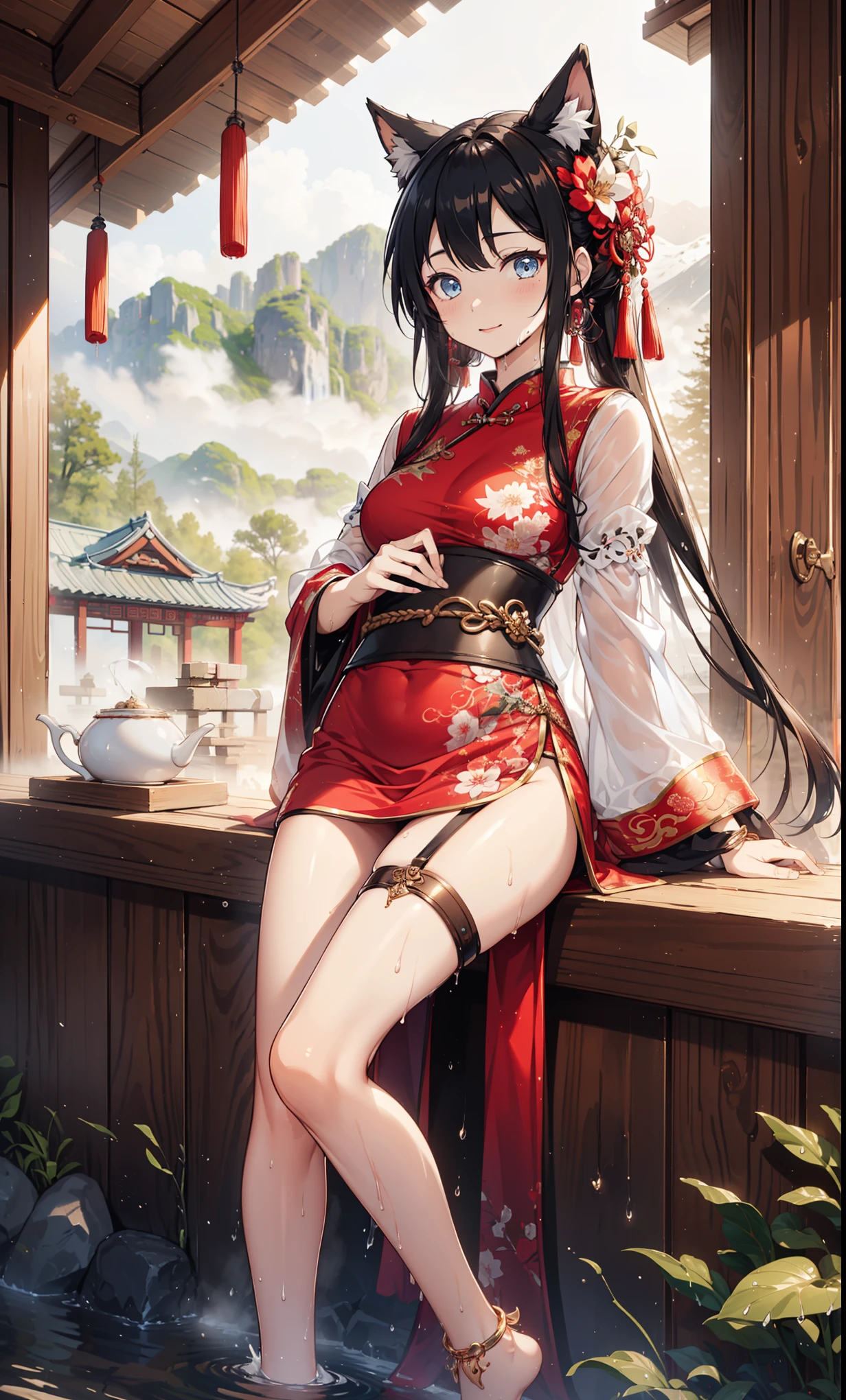 top quality，best resolution，(Drenched white long cheongsam），Super detailed, She has a white twin tail，girl，charm，Design intricate clothes，blue eyes，Distant view of forest and mountains，Elegant and charming，((Wet people，The background is an ancient Chinese hot spring))，(leg rings，anklet，fog)，night，little lighting，charm的姿势