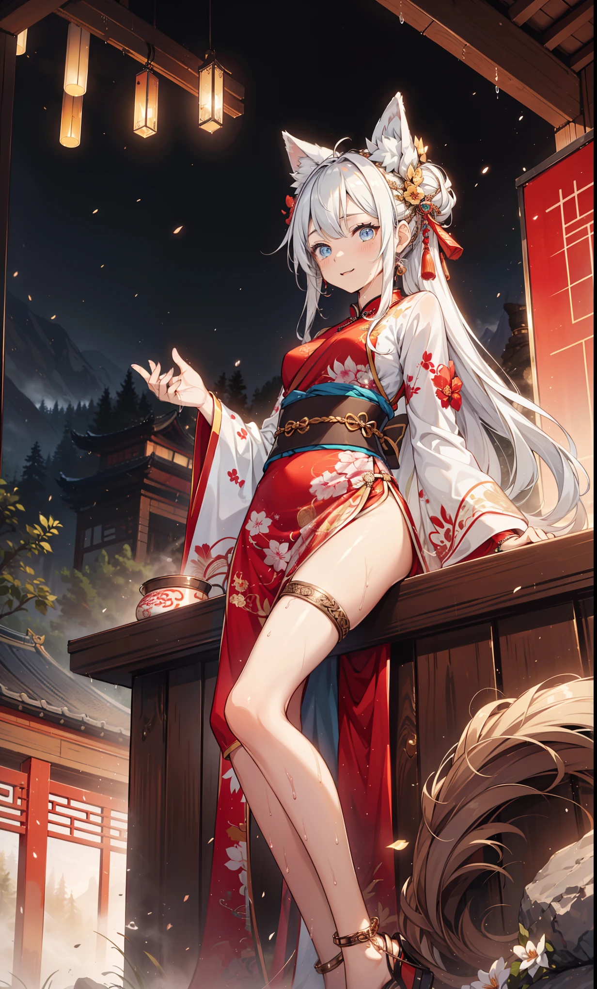 top quality，best resolution，(Drenched white long cheongsam），Super detailed, She has a white twin tail，girl，charm，Design intricate clothes，blue eyes，Distant view of forest and mountains，Elegant and charming，((Wet people，The background is an ancient Chinese hot spring))，(leg rings，anklet，fog)，night，little lighting，charm的姿势