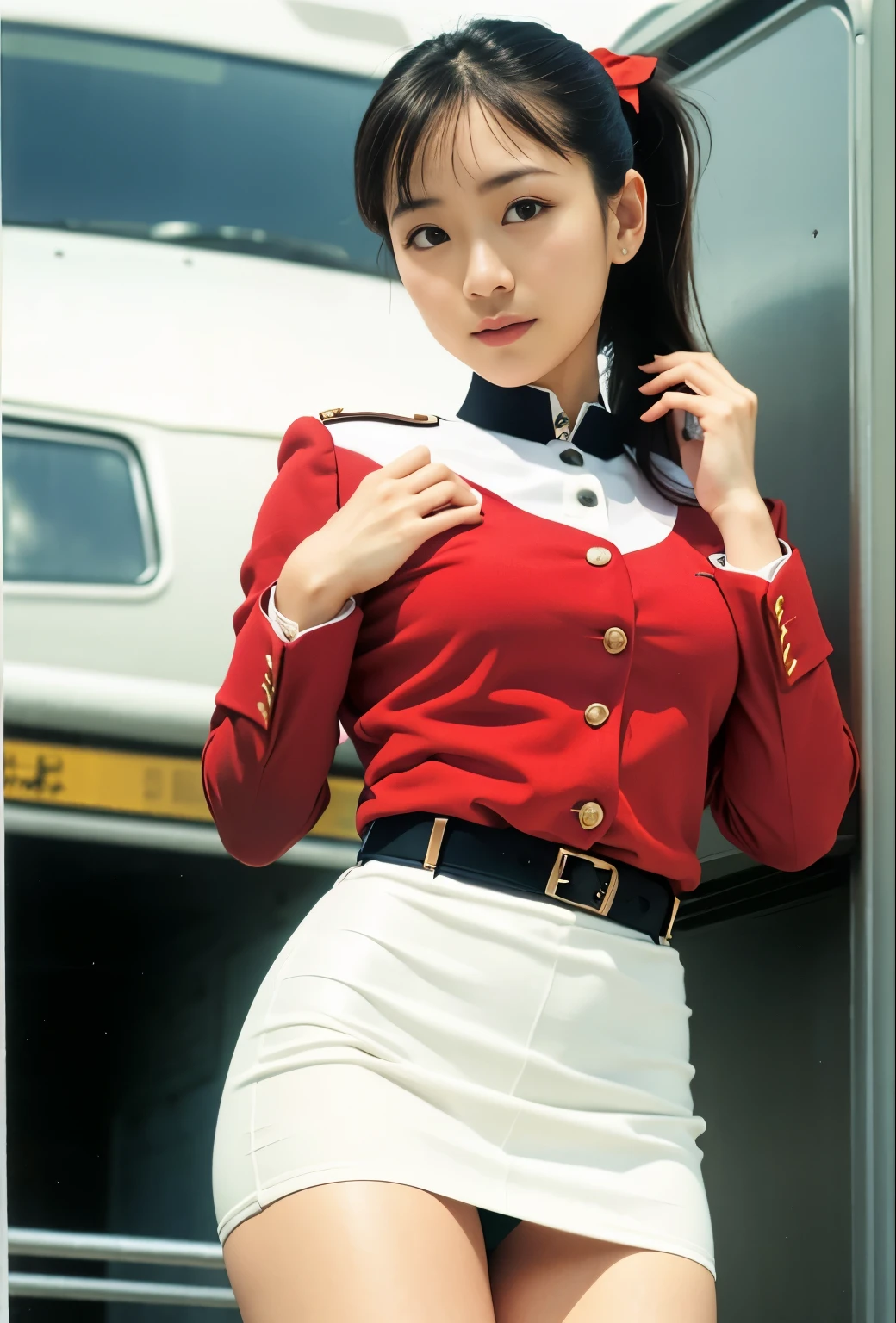 real photos、Highest image quality、beautiful woman、beautiful thighs、beautiful face、real image、federal army uniform miniskirt、ponytail、Yuriko Yoshitaka、age日本人女性、Frau Bow、cute girl、white pantiesが丸見え、1６age、（white panties:1.3）、super mini skirt、beautiful thighs、white panties、赤いミニスカートがめくれてwhite pantiesが見えてる