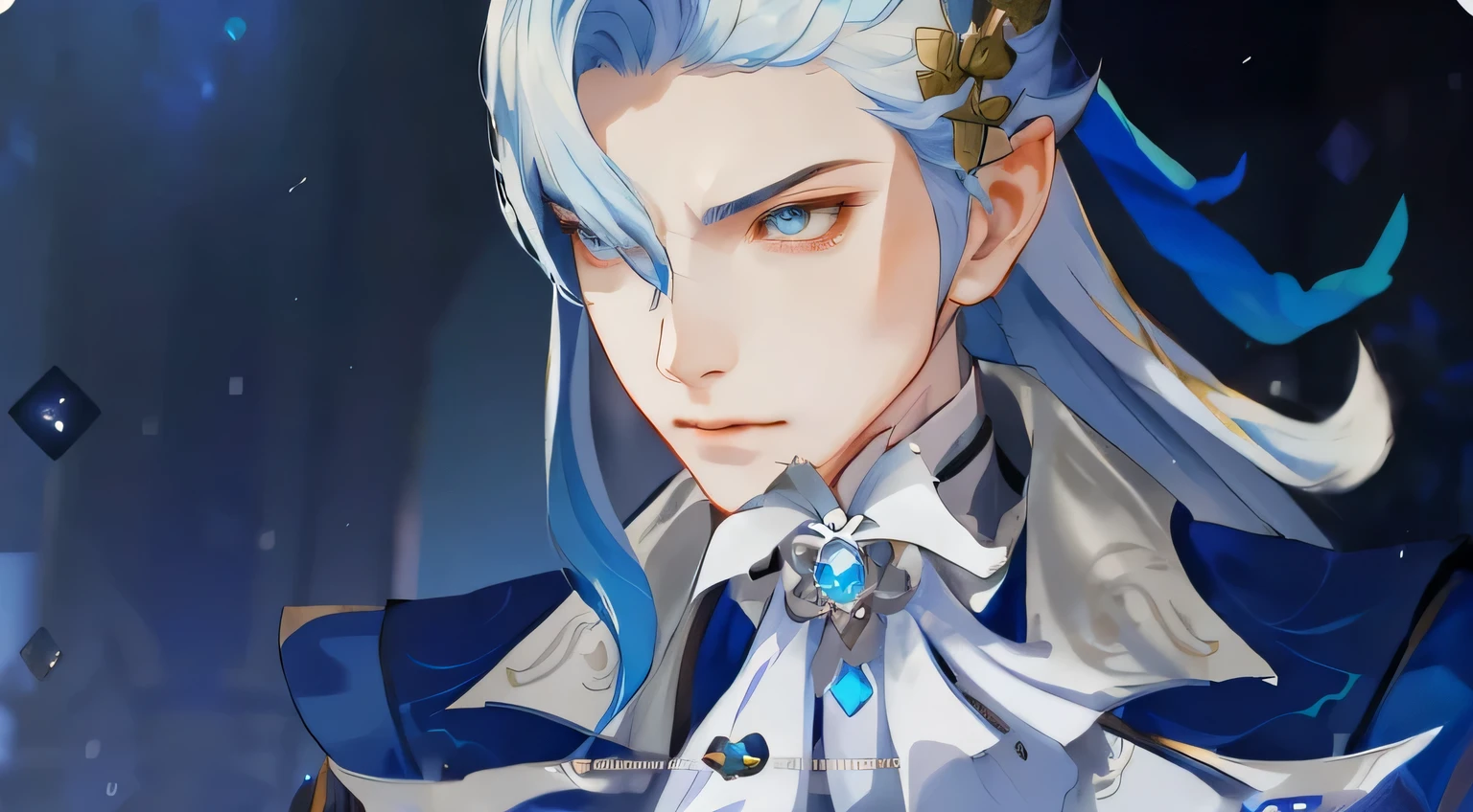 a close up of a person in a blue and white outfit, Neuvilette from genshin impact, beautiful androgynous prince, genshin impact character, delicate androgynous prince, handsome prince, zhongli from genshin impact, heise jinyao, casimir art, genshin, loong, royal elegant pose, taisho roman, granblue fantasy