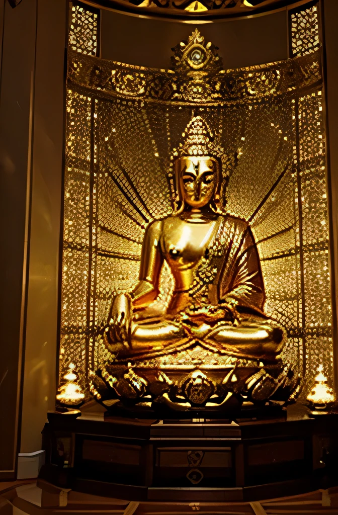 A huge Manjusri Bodhisattva sits in the main hall illuminated by Buddha light,Manjushri Bodhisattva material gold sculpture,it's glittering,It faces the world in a positive light,fairylike,Gorgeous,