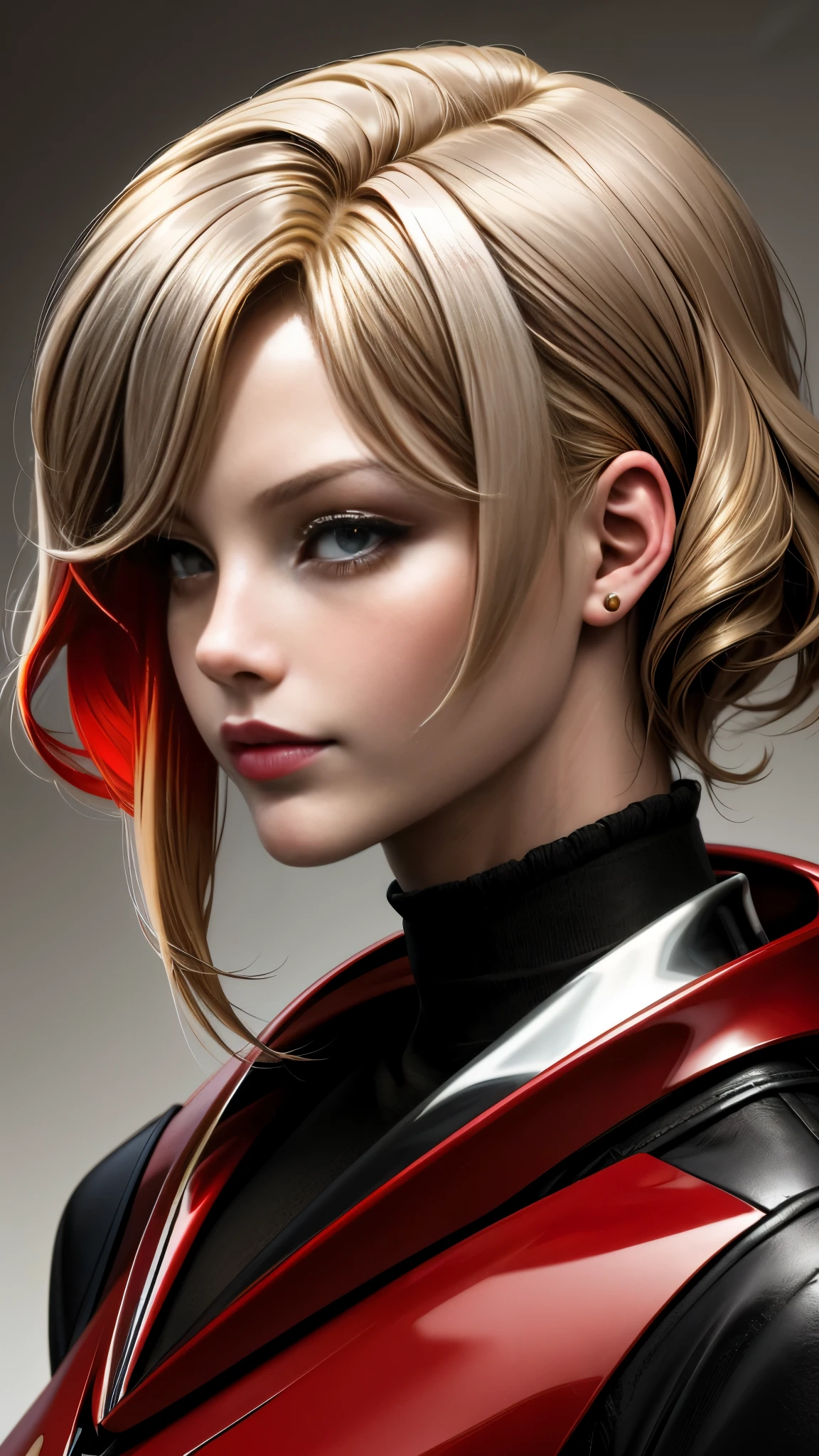 Realistic Red Sotheby Girl Photo,Side waves with a short cut,Blonde hair with red tips,cool look,background is gray,