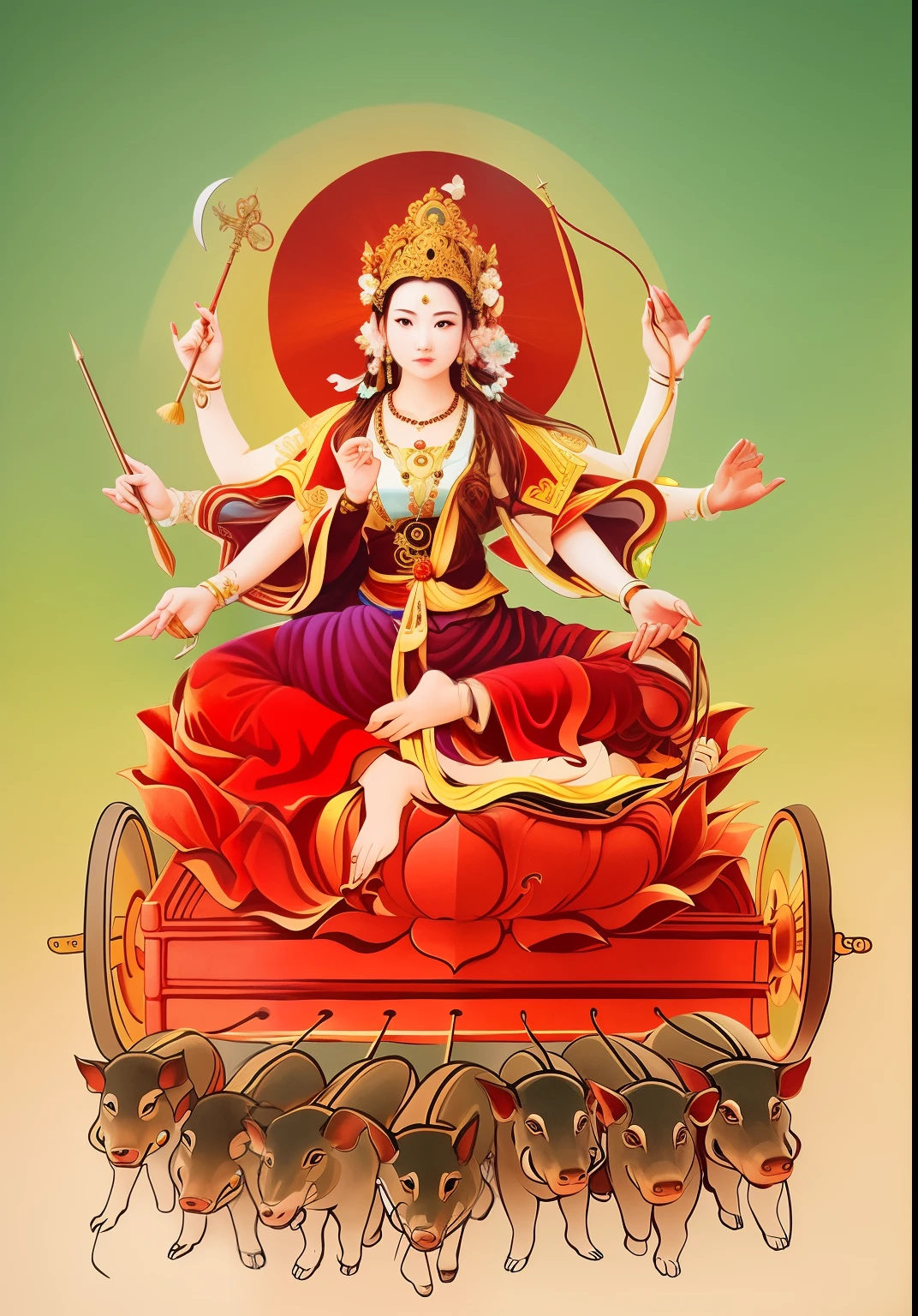 Beautiful woman sitting on a lotus in the car, Three-headed，Total, The arm has eight mudras，Barefoot with both feet，There are seven little pigs pulling the cart in front，goddess of love and peace, indian goddess of wealth, Bodhisattva of Heaven and Earth, Full color illustration, goddess art, goddess of wisdom, ancient chinese goddess，逼real，Professional photography，real，ultra high resolution，masterpiece，