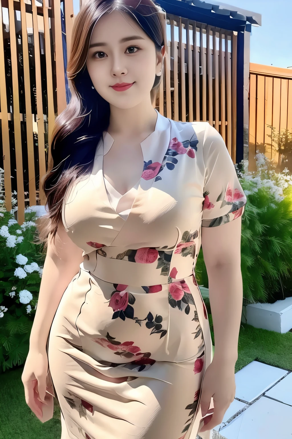 Draw lips correctly, red lipstick, from chest up, best quality, Super detailed, lifelike, Super fine skin, perfect anatomy, (1 日本Mature的女人), (alone)，Wear a floral green high-end round neck dress，short sleeve，wavy long hair，27-year-old woman，Mature，charming smile，garden background，stand，The face is chubby， Hair tied into a small ponytail，Slightly fat body，medium chest，full-body shot