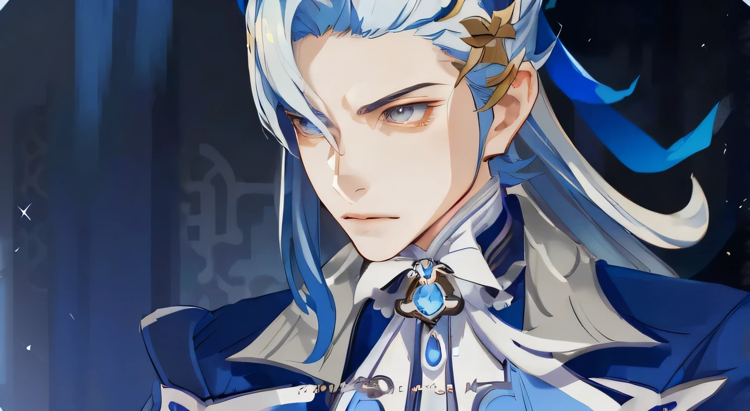 a man with chiseled face, close up of a person in a blue and white outfit, Neuvilette from genshin impact, beautiful androgynous prince, genshin impact character, delicate androgynous prince, handsome prince, zhongli from genshin impact, heise jinyao, casimir art, genshin, loong, royal elegant pose, taisho roman, granblue fantasy