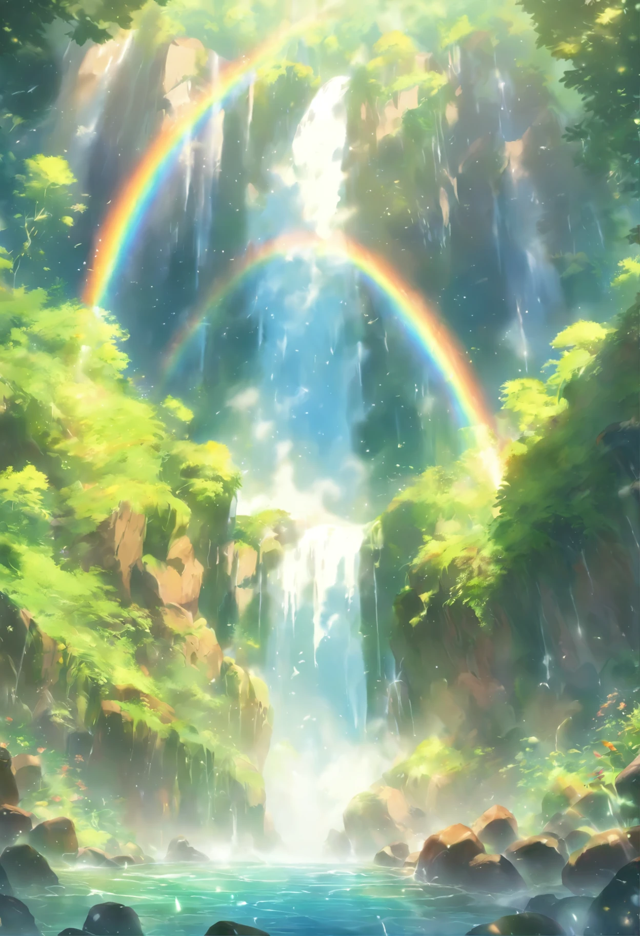 Fall,fast flowing water,Water mist,Sunlight penetrates water mist to form a rainbow,It is surrounded by dense forests,Fall下方有清澈的湖泊,Moss and ferns grow on the rocks