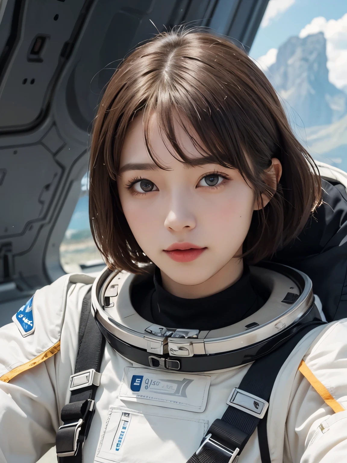 highest quality、masterpiece、ultra high resolution、(real:1.4)、Beautiful woman1、Beautiful details of eyes and skin、light brown short cut hair、small smile、perfect space suit、spaceship、macrocosm、Remains、rocky mountain、cloudy sky、