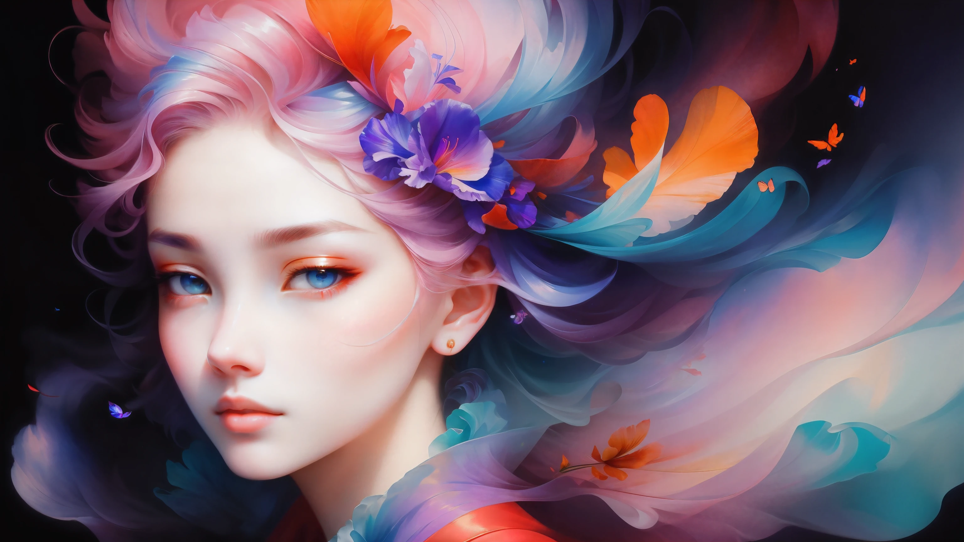 _James Jean, Floating female figure made from ribbon, smokes, in the sky, Colorful、Energetic, mysterious color, contemporary impressionism, yanjun cheng portrait painting, iridescence painting, 3/4 perspective, cute face, low angle, Sweeping and circling composition, beautiful big crystal eyes, large iris, ultra high definition, high dynamic range, 8k, (masterpiece:1. 5), (The most beautiful portraits in the world:1.5)